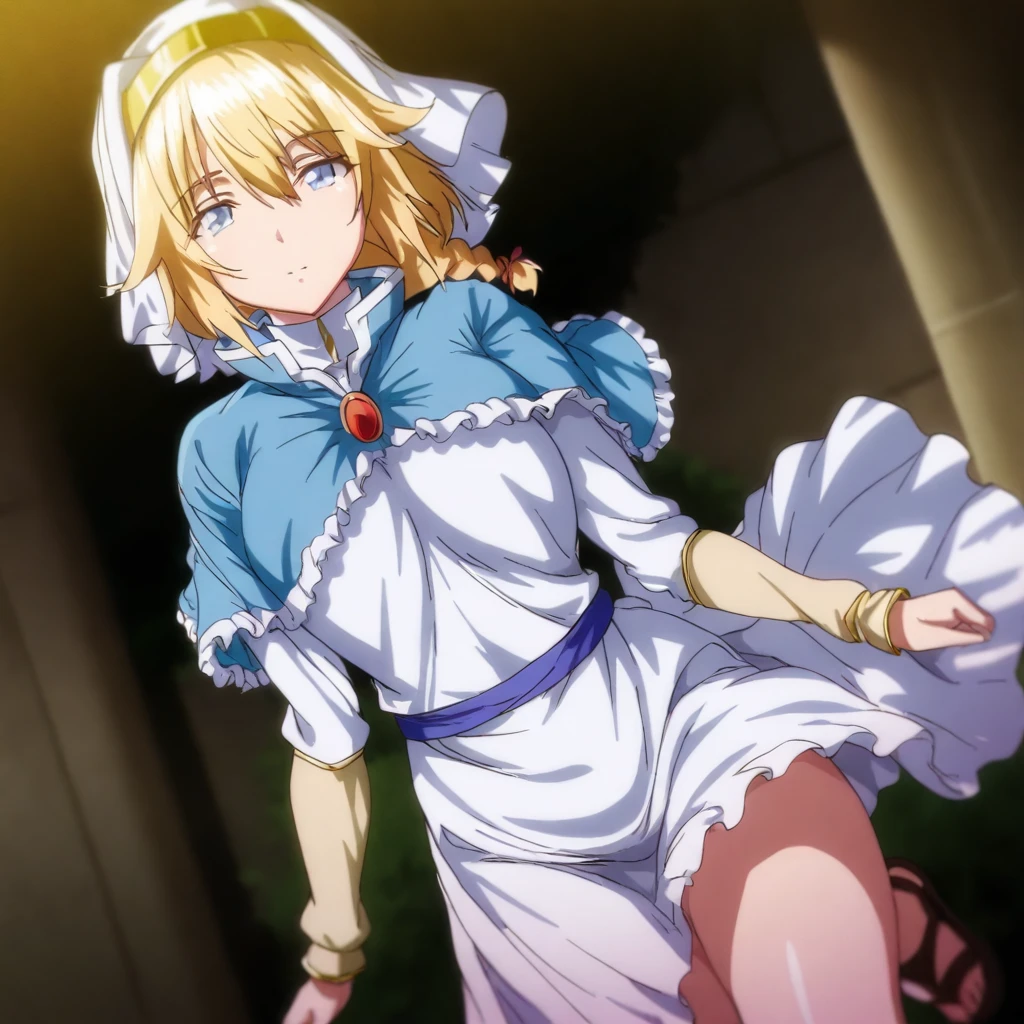 solo,anime coloring,looking at viewer,masterpiece,high score,great score,absurdres,cowboy_shot,<lora:ElenaCleric ag4o:1> elenacleric, blonde hair, braid, blue eyes,nun,dress,capelet,sash,sandals,