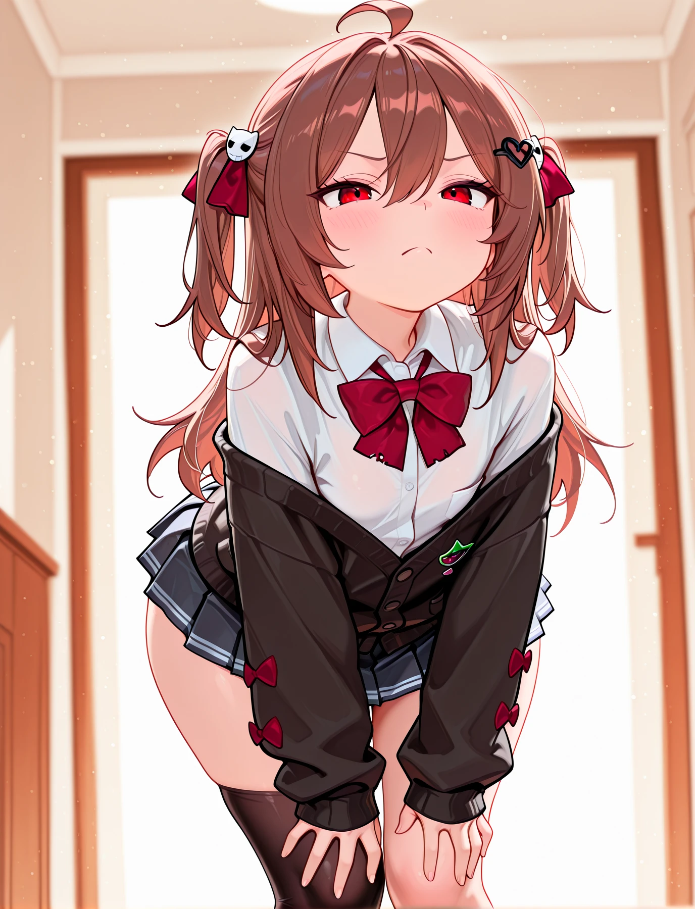 <lora:LECO-mature_female_XL(ill)v11:1> , <lora:Curvier:1>plump, thick thighs, wide hips, curvy, thigh gap,
<lora:EvilNeuro:1> EvilV3, brown hair, long hair, two side up, red ribbons, hair between eyes, ahoge, red eyes, broken-heart hair ornament, red bow, off shoulder black cardigan, black jacket, sleeves past wrists, white collared shirt, black pleated microskirt, asymmetrical black thighhigh, black single thighhigh, brown loafers,
<lora:dachuno_pose_0.0:1> dachuno_pose, frown, flat chest,, IllusP0s, masterpiece, best quality, amazing quality, very aesthetic, absurdres, newest, Smooth_Quality