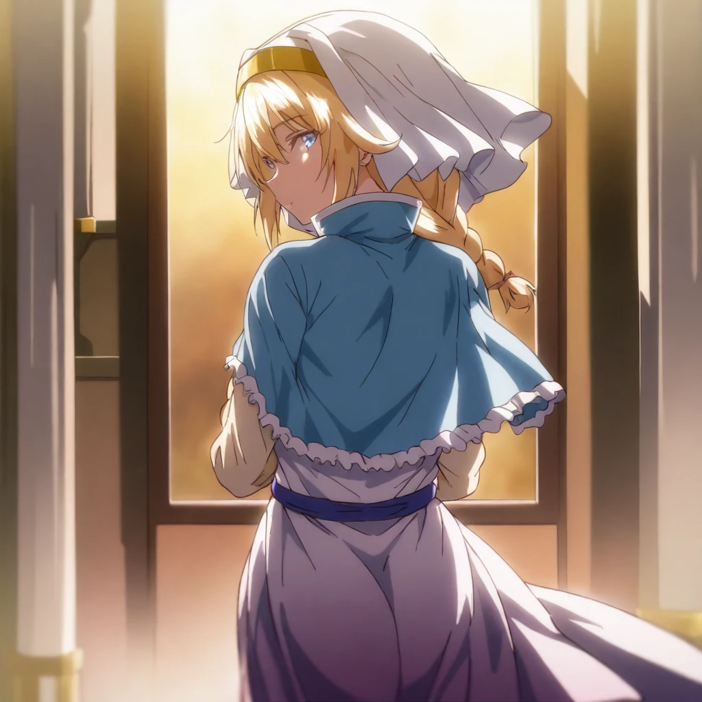 solo,anime coloring,looking at viewer,masterpiece,high score,great score,absurdres,cowboy_shot,<lora:ElenaCleric ag4o:1> elenacleric, blonde hair, braid, blue eyes,nun,dress,capelet,sash,sandals,from back,