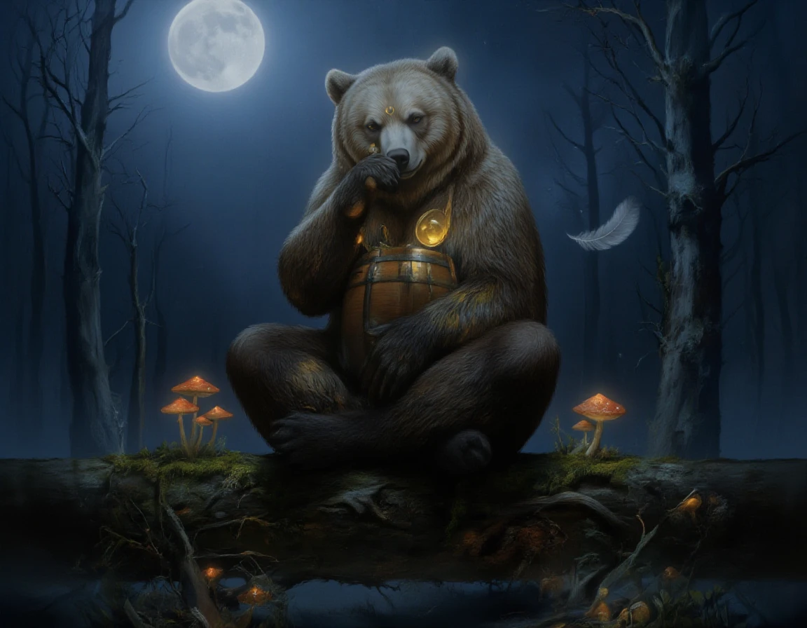 <lora:mishka:1>A bear sits cross-legged on a mossy log under a full moon, his honey barrel balanced carefully beside him. His fur glows softly in the silver light, and his eyes are half-closed, lost in thought. One paw holds a magnifying glass, the other rests on his lap. Around him: glowing mushrooms, a single feather drifting down, the hush of the forest in the night. Background: a twilight forest, soft blue light, shadows stretching long. Style: realistic wildlife illustration, ethereal lighting, subtle textures of fur and forest floor. Mood: reflective, introspective, touched by magic.
