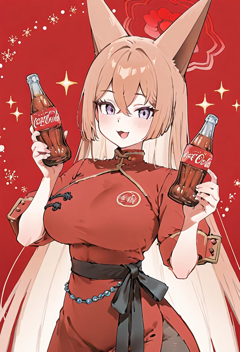 masterpiece, best quality, solo, curvy, beautiful eyes, narrow waist, wide hips, 1girl, solo, smile, looking at viewer, zzRumi, purple eyes, crossed bangs, red halo, long hair, 1girl, solo, brown hair, animal ears, fox ears, halo, hair between eyes, large breasts, chinese clothes, dress, short sleeves, pantyhose, ,<lora:RumiBlueArchive_IXL_v1:1.0>, ,smile, open mouth, upper body, :3, CocaColaSanta, solo, holding, bottle, red background, <lora:CocaColaSantaIXL_v2:1.0>,