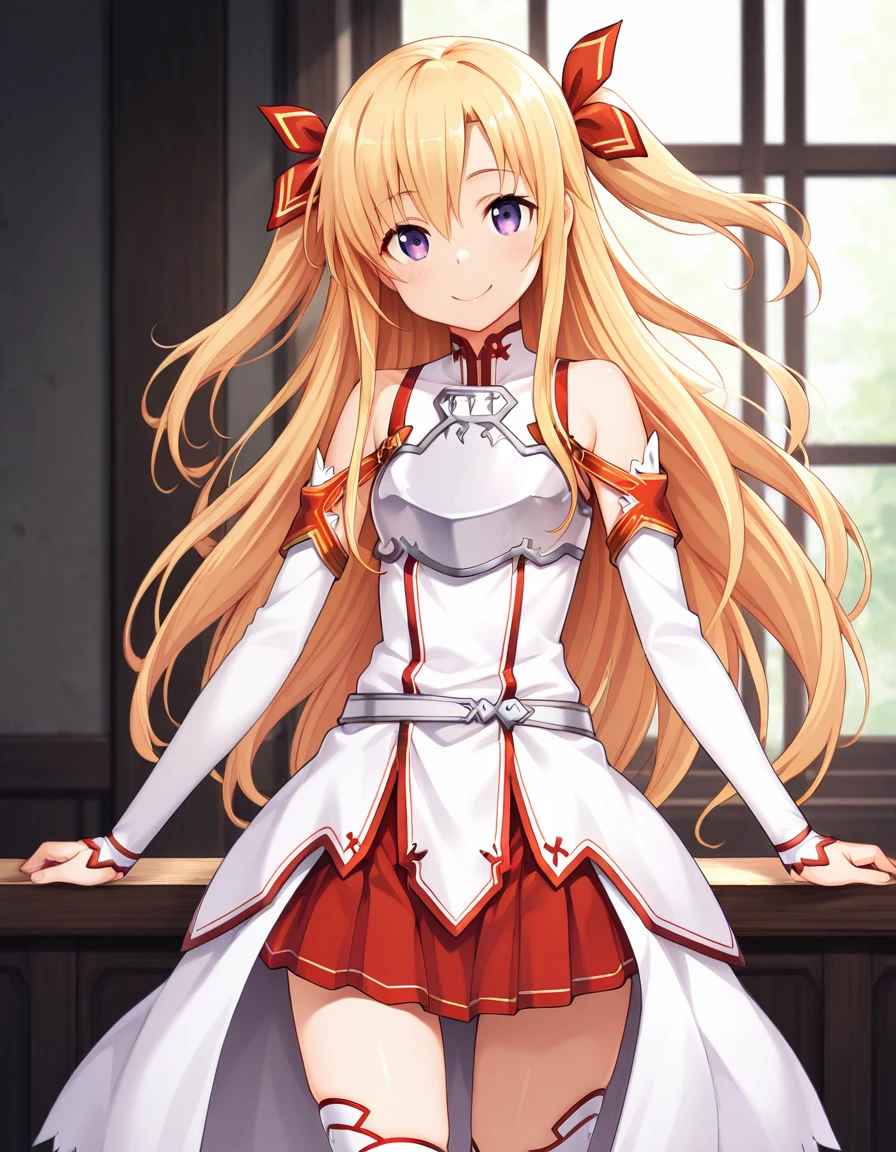 masterpiece, best quality, amazing quality, ultra detail, best resolution, good , good hand,
BREAK 1girl, solo, posing, smile,
BREAK <lora:Knights-of-the-Blood-Oath-uniform-illustrious v2:0.8> Knights-of-the-Blood-Oath-uniform, white thighhighs, detached sleeves, skirt, white dress, waist cape, breastplate, red skirt, pleated skirt, mini skirt,  shoulders,
BREAK <lora:Eurasia Of End Nora to Oujo to Noraneko Heart (HARUKAZE)-illustrious:0.8> Eurasia Of End, blond hair, very long hair, 2side up, hair ribbon, red ribbon, purple eyes, small ,