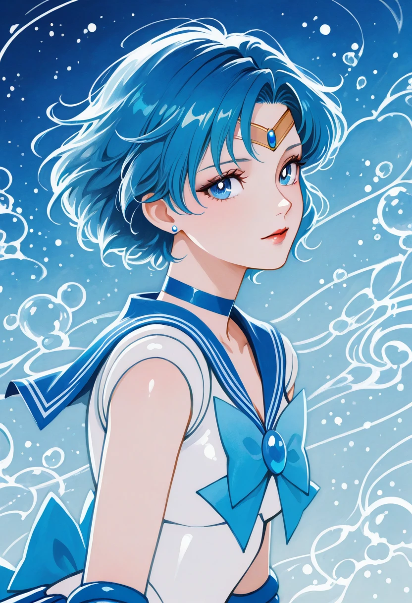 (masterpiece),(best quality),(ultra-detailed),very aesthetic,absurdres, newest,scenery,
<lora:Ink_Blossom:1> inbls
portrait of (sailor mercury:1.8), 1girl, short hair, blue hair, bishoujo senshi sailor moon,  looking at viewer, female focus
blue background, bubbles
(ink:1.3), gouache \(medium\), watercolor effect, (painterly:1.4)
(lineart:1.6), (thick lineart:1.7)
(ukiyo-e:1.5)