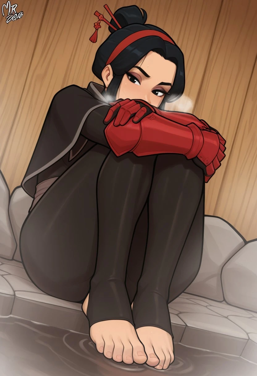 mrpotatoparty, masterpiece, best quality, newest, absurdres, highres, undershirt, black bodysuit, hair stick, hugging knees, gauntlets, eyeshadow, red gloves, two sides up, black capelet, red hairband, black eyes, 1girl, solo, feet, visible breath, dynamic angle, foreshortening, smell, steam, onsen, water, toeless legwear,