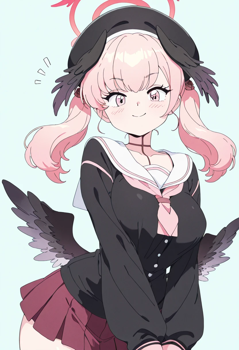 masterpiece, best quality, solo, curvy, beautiful eyes, narrow waist, wide hips, 1girl, solo, smile, looking at viewer, zzKoharu, pink eyes, pink hair, pink halo, wings, head wings, black wings, twintails, feathered wings, halo, long hair, aged up, large breasts, low wings, black headwear, beret, black shirt, long sleeves, pleated skirt, white sailor collar, ,<lora:ShimoeKoharuBlueArchive_IXL_v1:1.0>, ,solo, looking at viewer, dynamic pose, retro artstyle, <lora:CuteRetroStyle_IXL_v1:1.0>,