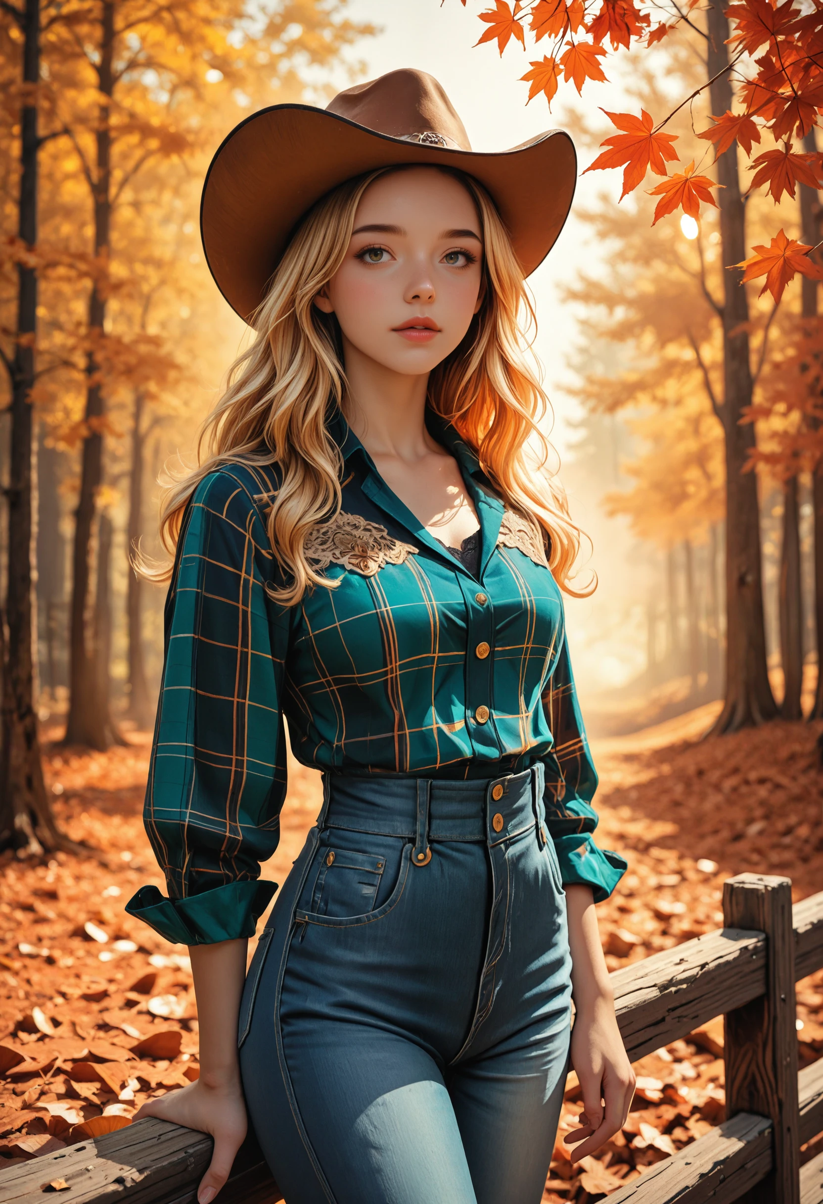 breathtaking detailed, masterpiece, absurdres, awe-inspiring, best quality, vibrant colors,  beautiful woman, cowboy outfit, long wavy blonde hair, wide-brimmed brown cowboy hat, green plaid shirt tied at the waist, revealing black lace top, high-waisted blue jeans with gold buttons, BREAK, autumn forest background, warm golden sunlight filtering through tall trees, orange and yellow foliage, a single red maple leaf caught on the hat, BREAK, (medium shot), eye level framing, cinematic composition, warm color palette, sharp focus on character, [soft background blur], realistic fabric texture, intricate hair detail, natural light glow<lora:IL_CrazyWhateverV1.safetensors:0.3:0.3>