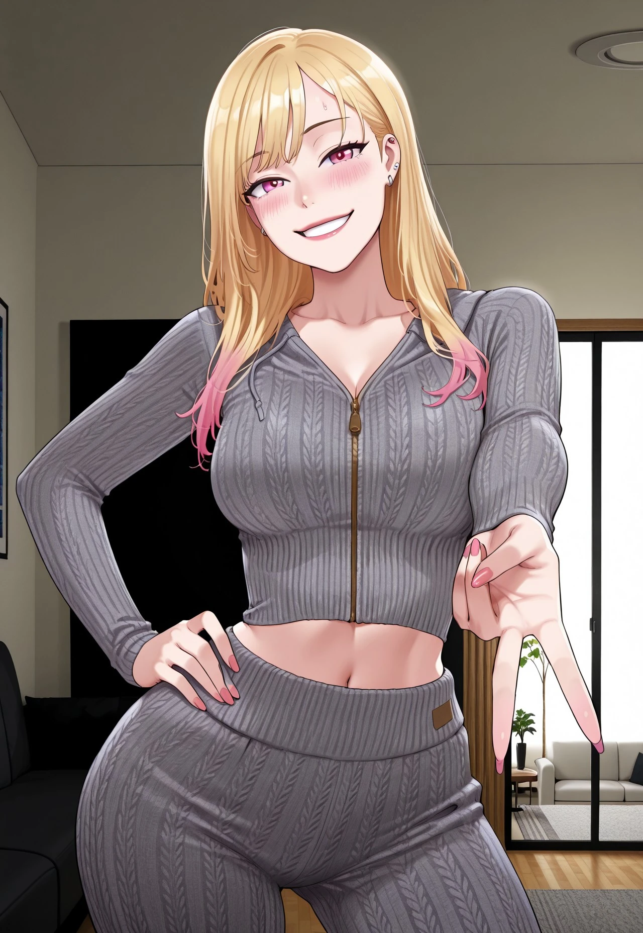masterpiece, best quality, perfect face, absurdres, HD girl, R, extremely detailed CG, score_9, score_8_up,
cowboy shot,
1girl, solo, ktgw, long hair, swept bangs, multicolored hair, colored tips, blonde hair, pink eyes, large breasts, ear piercing, large breasts, grey knit crop top, front zipper, grey knit pants, hood, looking at viewer, gyaru v, naughty smiling, blushing, contrapposto, hand on own hips, head tilt,
indoors, apartment, living room, morning,
very aesthetic, cinematic lighting, volumetric lighting,