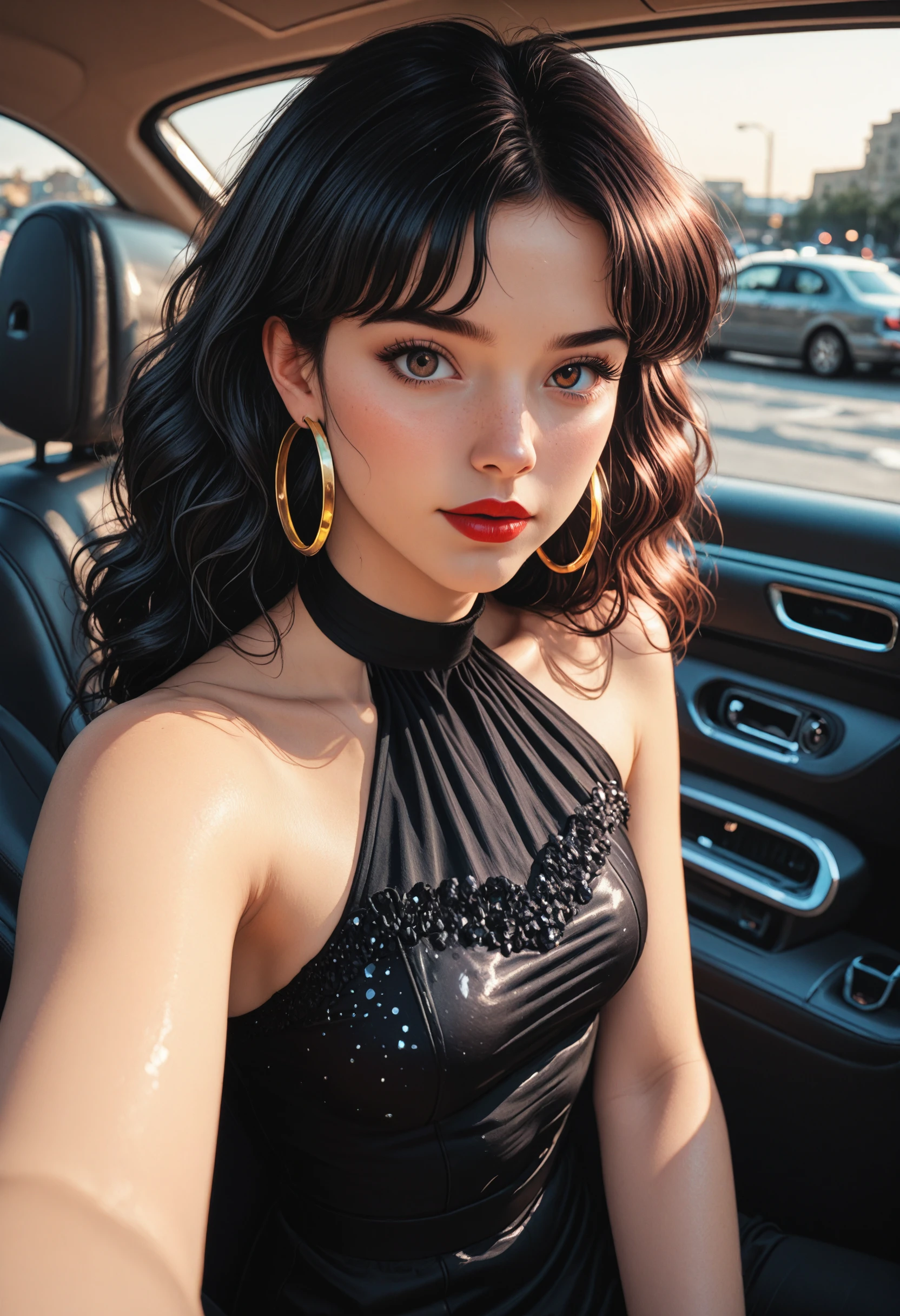 breathtaking detailed, masterpiece, absurdres, awe-inspiring, best quality, vibrant colors,  retro-inspired young woman sitting in a car, curly dark hair styled in voluminous 1970s waves, wearing large gold hoop earrings and a black  with silver sparkles, vibrant red lipstick, smooth natural skin, BREAK, soft daylight streaming through the car window, blurred urban street scene in the background, cinematic warm tones, BREAK, close-up selfie framing from a slightly high angle focusing on her face and upper body<lora:IL_CrazyWhateverV1.safetensors:0.4:0.4>