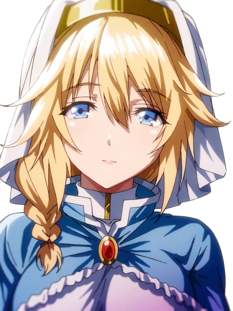 solo,anime coloring,looking at viewer,masterpiece,high score,great score,absurdres,portrait,white background,<lora:ElenaCleric ag4o:1> elenacleric, blonde hair, braid, blue eyes,nun,dress,capelet,