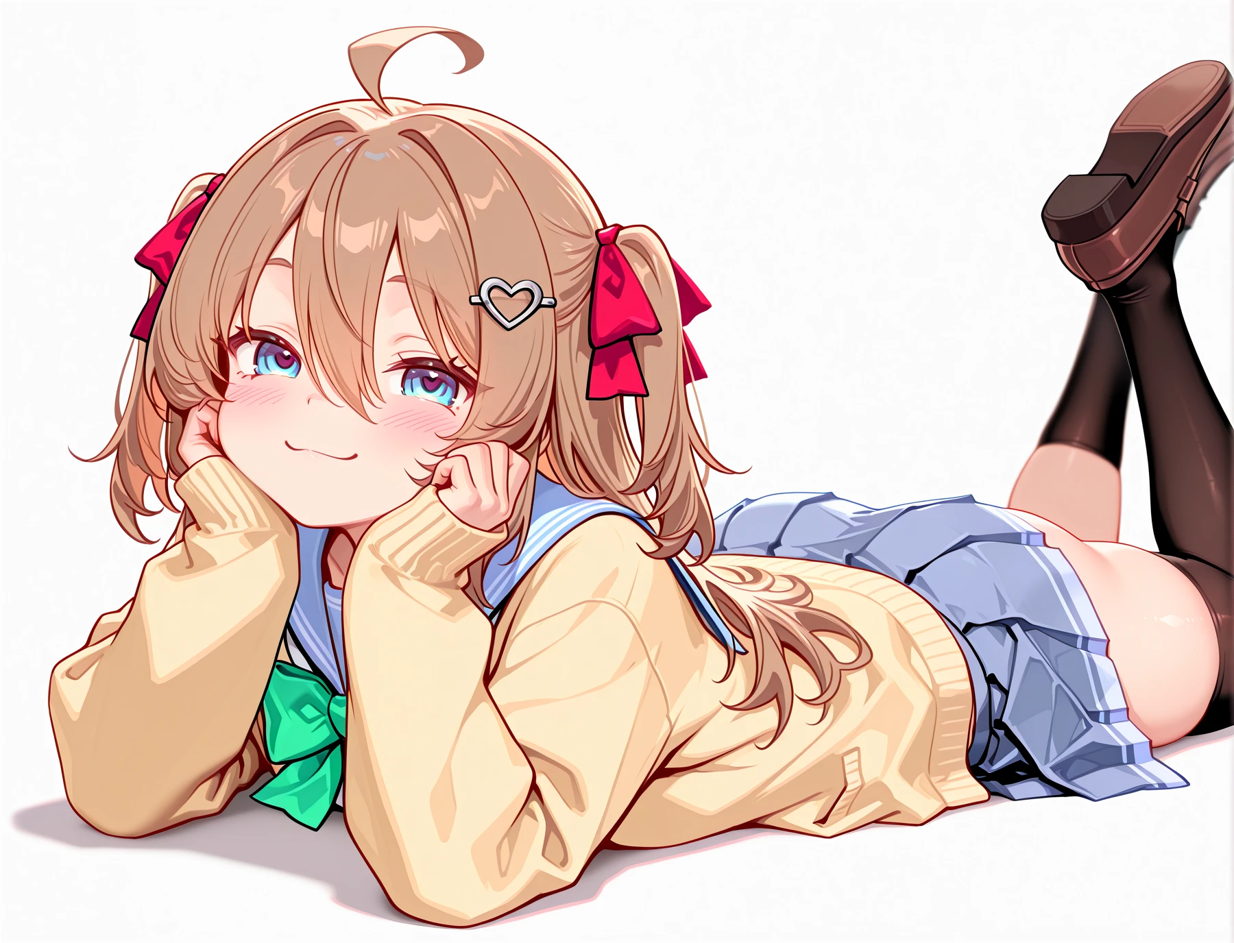 <lora:LECO-mature_female_XL(ill)v11:1> , <lora:Curvier:1>plump, thick thighs, wide hips, curvy, thigh gap,
<lora:NeuroSama:1> NeuroV3, brown hair, long hair, two side up, red ribbons, hair between eyes, ahoge, blue eyes, heart hair ornament, green bow, yellow closed cardigan, long sleeves, sleeves past wrists, blue pleated miniskirt, white trim skirt, asymmetrical black thighhigh, black single thighhigh, brown loafers,
<lora:the-pose-illustriousxl-lora-nochekaiser:1> the pose, on stomach, feet up, lying, legs up, head rest, looking at viewer, smile, blush,, IllusP0s, masterpiece, best quality, amazing quality, very aesthetic, absurdres, newest, Smooth_Quality