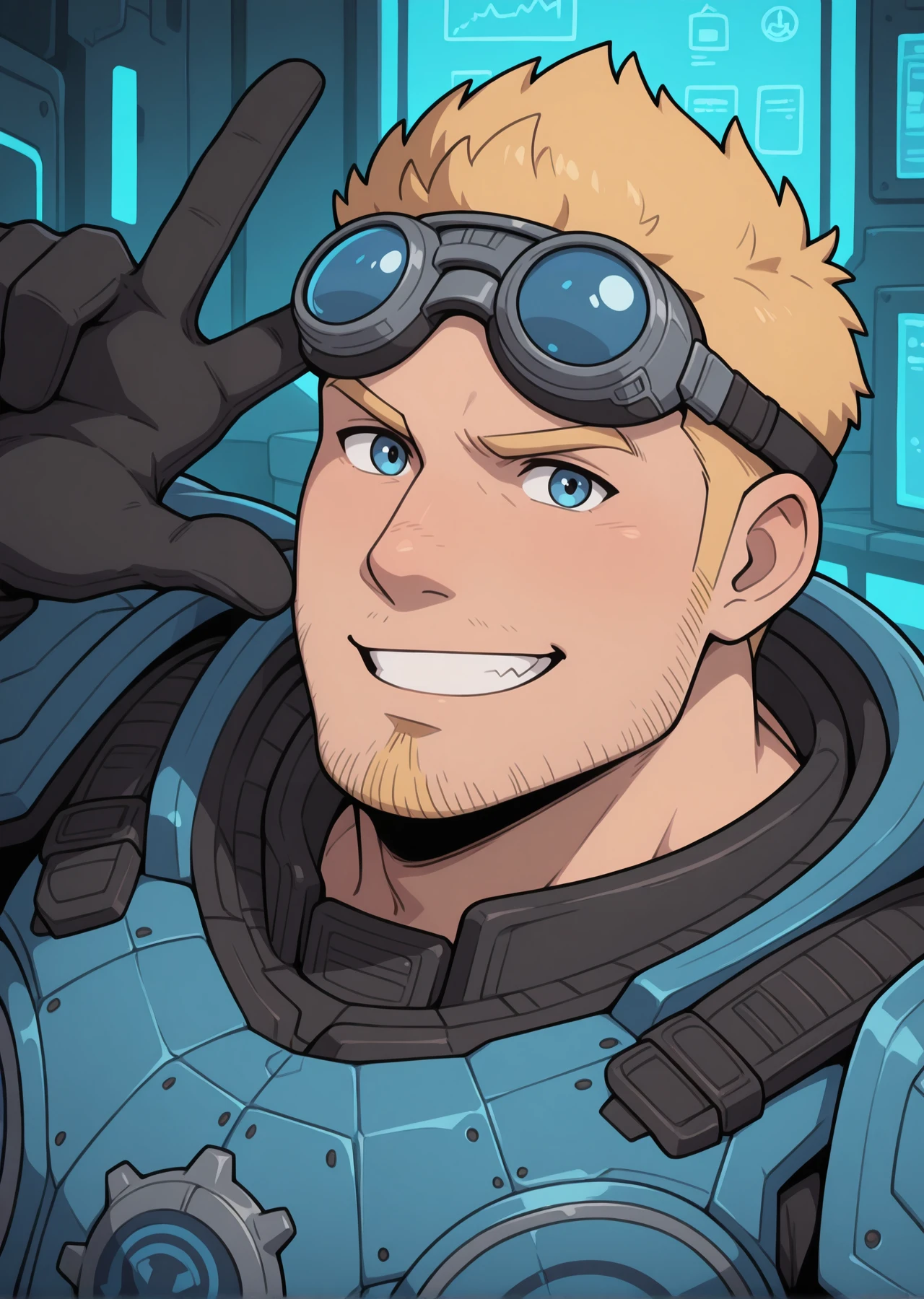 <lora:Damon_Baird_IL:1> 1boy, mature male, male focus, damonbaird, goggles on head, goggles, looking at viewer, muscular, bara, blonde hair, power armor, pauldrons, close shot, lab, sci-fi room, indoor, black gloves, beard stubble, goatee, animification, looking at viewer, peace hand sign, smile, teeth, blue eyes, happy, masterpiece, best quality
