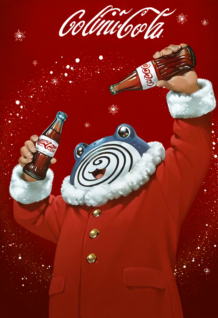 masterpiece, best quality, solo, zzPoliwhirl, , <lora:PoliwhirlPokedex_IXL:1.0>, ,smile, open mouth, upper body, :3, CocaColaSanta, solo, holding, bottle, red background, <lora:CocaColaSantaIXL_v2:1.0>,
