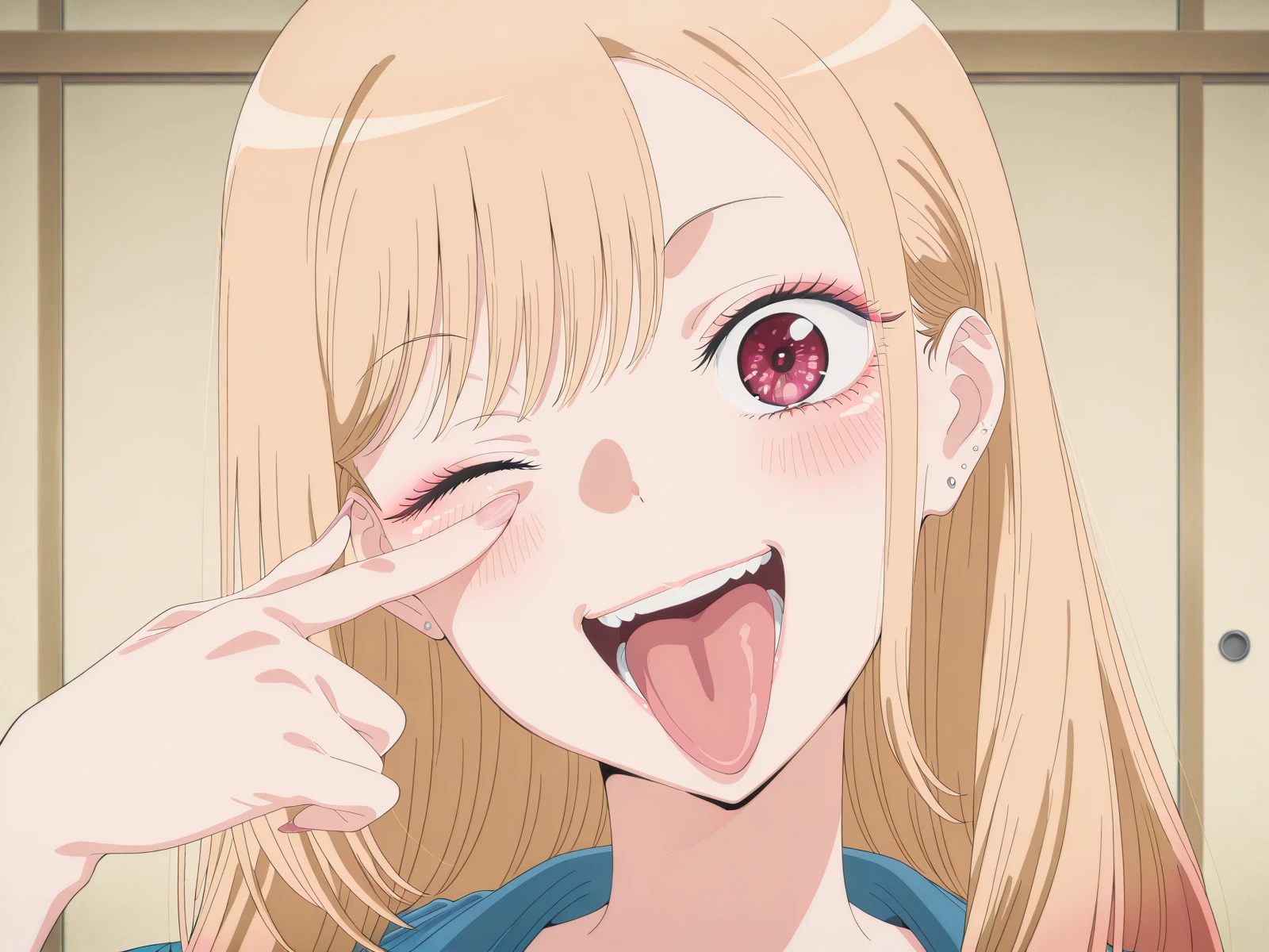 masterpiece, best quality, amazing quality,, <lora:marin-kitagawa-s2-alpha-illustriousxl-lora-nochekaiser:1>, marin kitagawa, long hair, blonde hair, red eyes, multicolored hair, gradient hair, mature female, medium breasts, anime screencap, <lora:airashiratori-akanbe-illustriousxl-lora-nochekaiser:1>, airashiratori akanbe, solo, looking at viewer, blush, smile, open mouth, upper body, teeth, one eye closed, tongue, tongue out, portrait, eyelid pull, hand up, straight-on, akanbe, finger to eye,, , ,