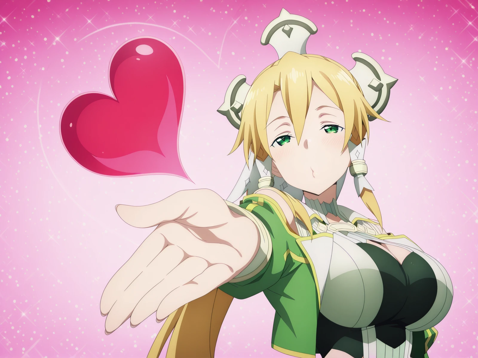 masterpiece, best quality, amazing quality,, <lora:suguha-kirigaya-s3-illustriousxl-lora-nochekaiser:1>, suguha kirigaya, leafa (sao), long hair, blonde hair, hair ornament, green eyes, ponytail, hair tubes, mature female, large breasts, anime screencap,, <lora:suzuka-dairenjis-blowing-kiss-illustriousxl-lora-nochekaiser:1>, suzuka dairenji's blowing kiss, solo, heart, outstretched hand, blowing kiss, foreshortening, half-closed eyes, looking at viewer,, , ,
