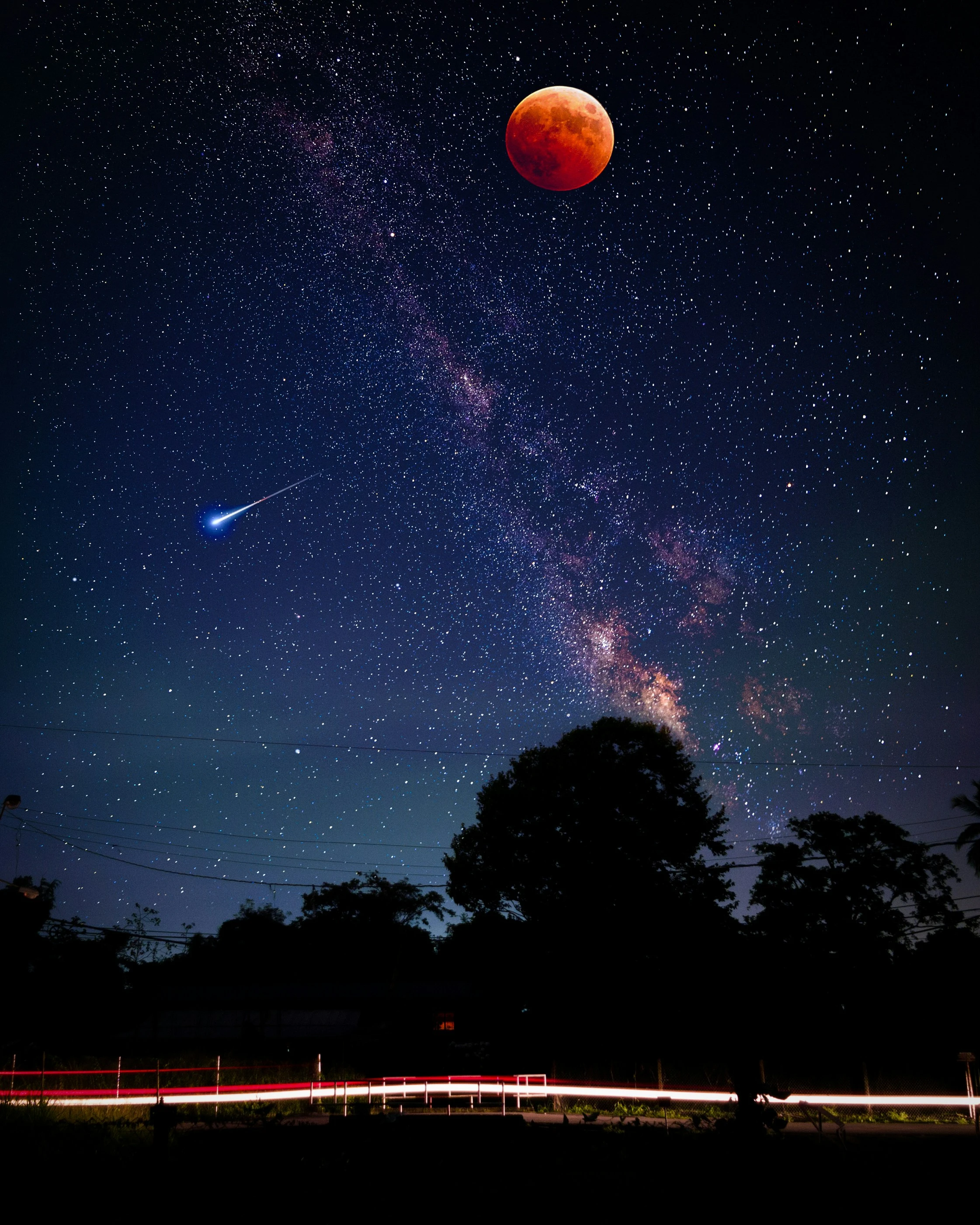 high-resolution detailed moon photography, astrophotography, blood red full moon rising in sharp detail, Milky Way stretching across sky, bright meteor streak (shooting star), ultra-sharp star fields, astrophotography composite, DSLR long exposure, HDR high contrast, photorealistic 8k resolution