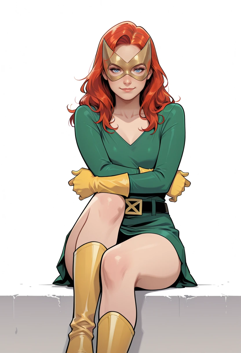 highres, absurdres, very aesthetic, masterpiece, perfect, best quality, perfect anatomy, 1girl, <lora:Jean_Grey_Marvel_Girl_Comic:0.9>, mask, yellow gloves, yellow boots, belt, dress, long hair, jean grey, marvel girl, golden mask, red hair, green dress, short skirt, blue eyes, sleeves, animification, flat colors, sitting, smirking, mouth closed, arms crossed, simple background, looking at the viewer