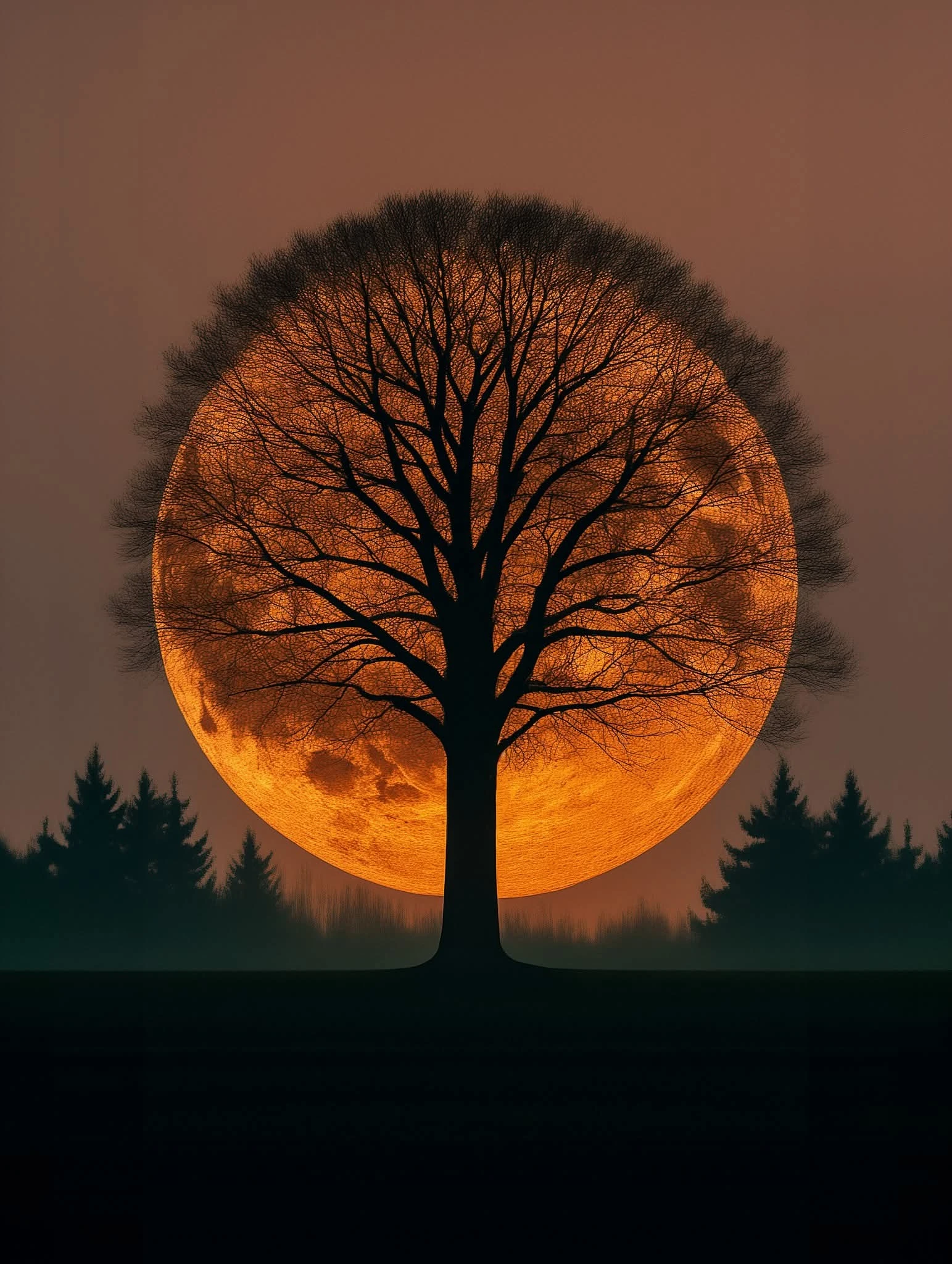 high-resolution detailed moon photography, astrophotography, dramatic astrophotography of a lone withered tree in silhouette, directly aligned with a glowing full moon rising behind it, subtle sunset colors fading into deep night sky, ultra-sharp lunar details, cinematic composition, HDR contrast, DSLR astro lens, photorealistic 8k texture