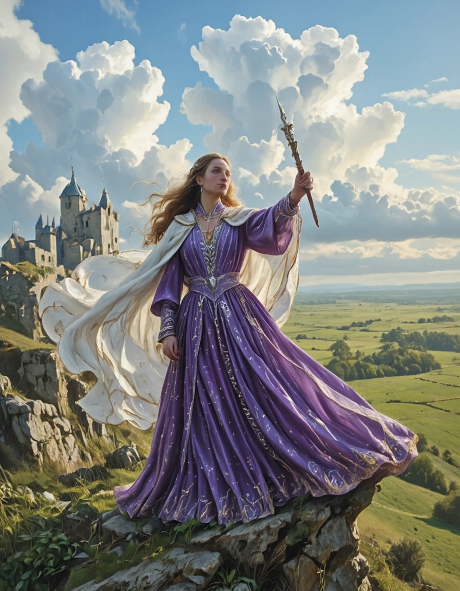 <lora:MW_Roma02flux:1> wizard, standing on the edge of a cliff, magic wand, wearing ornate purple dress with intricate engravings, flowing white cape embroidered with golden thread, wind lifting the cape slightly, long hair flowing in the breeze, confident and regal pose, high medieval fantasy setting, majestic fortified castle, green fields stretching far beyond, blue sky filled with soft white clouds, beautiful sunrise, cinematic lighting, focus on the wizard as central figure, extreme detailed outfit design, in the wind, high vantage point, epic scale, bright and noble atmosphere, rich textures, daytime scene, dramatic yet peaceful ambiance, epic, surrealism,