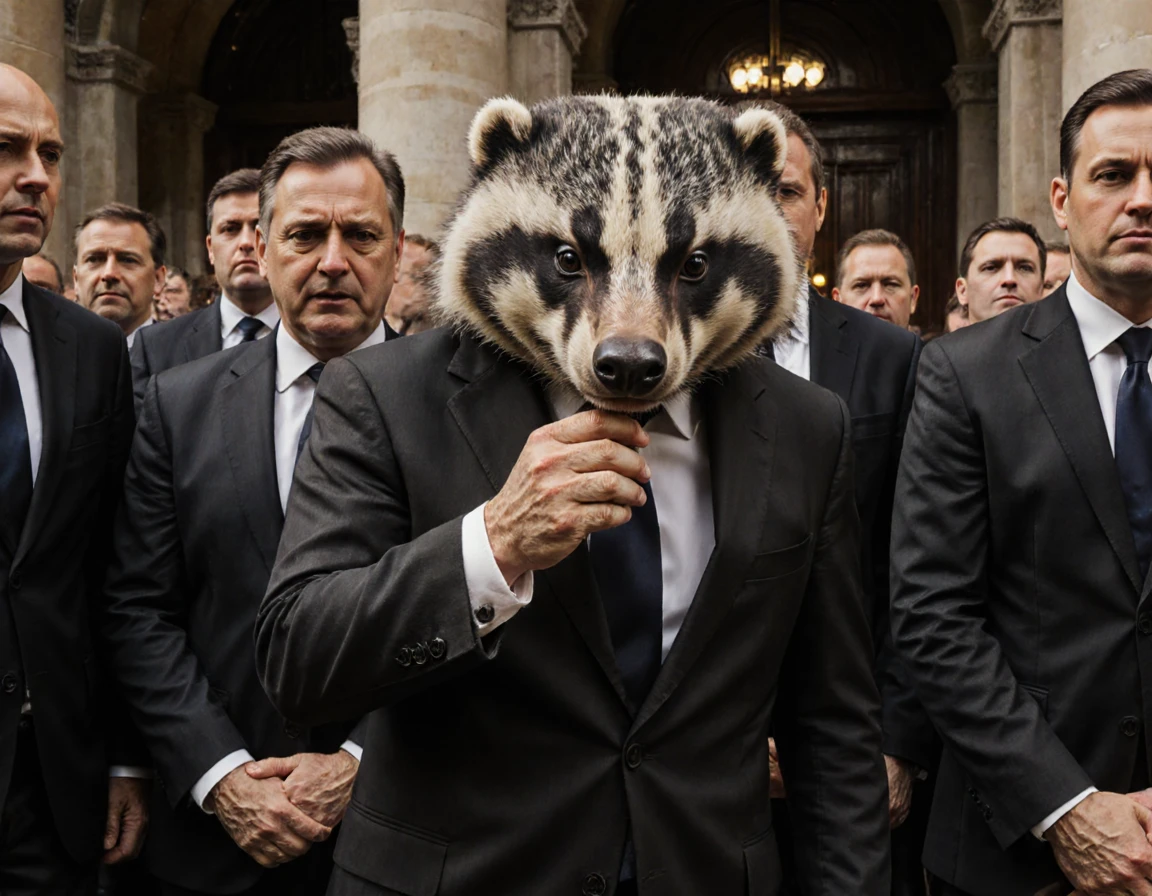 image of a hybrid anthropomorphic badger man speaking ill of the deceased at their funeral.
