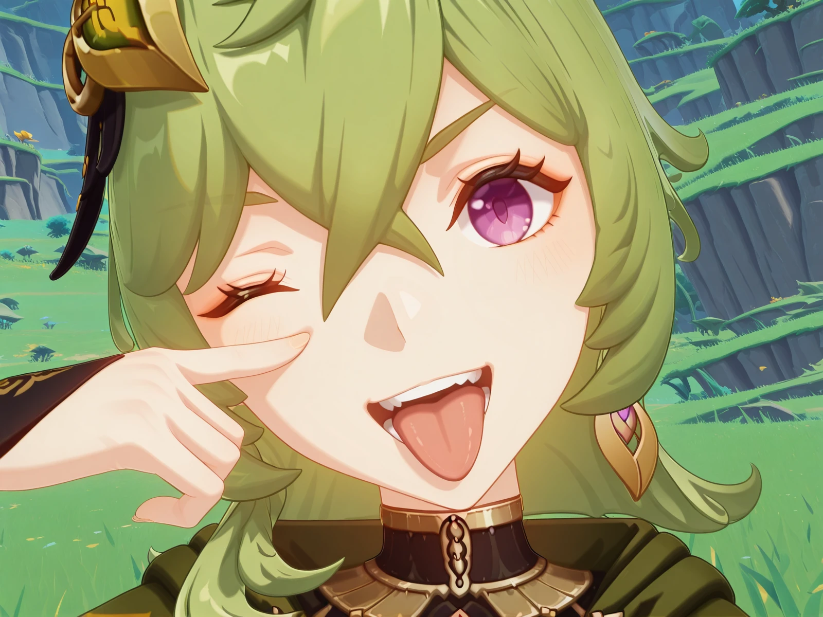 masterpiece, best quality, amazing quality,, <lora:genshin-collei-ingame-illustriousxl-lora-nochekaiser:1>, collei, collei (genshin impact), bangs, hair ornament, hair between eyes, purple eyes, green hair, mature female, small breasts, 3d,, <lora:airashiratori-akanbe-illustriousxl-lora-nochekaiser:1>, airashiratori akanbe, solo, looking at viewer, blush, smile, open mouth, upper body, teeth, one eye closed, tongue, tongue out, portrait, eyelid pull, hand up, straight-on, akanbe, finger to eye,, , ,