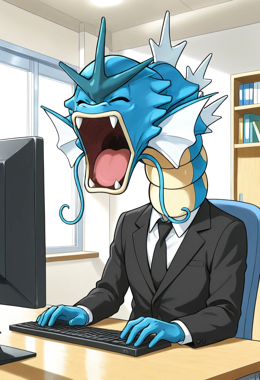 masterpiece, best quality, solo, zzGyarados, , <lora:GyaradosPokedex_IXL:1.0>, ,smile, open mouth, upper body, :3, window, chair, facing viewer, desk, computer, monitor, on chair, keyboard (computer), office , black suit, <lora:CitronLegacy_IXL:1.0>,