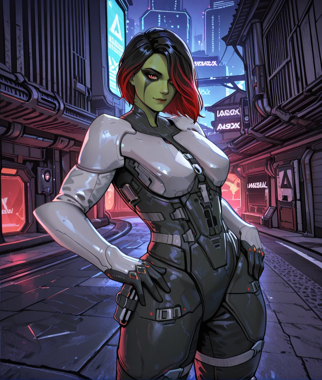 GamraXL, multicolored hair, red eyes, hair over one eye, makeup,
black bodysuit, white armor, looking at viewer,
light smile, standing, hip, hands on hip, gloves,
science fiction,
looking at viewer, outdoors, night,
(insanely detailed, masterpiece, best quality), <lora:GamoraXL-12v1-ILL:1>,