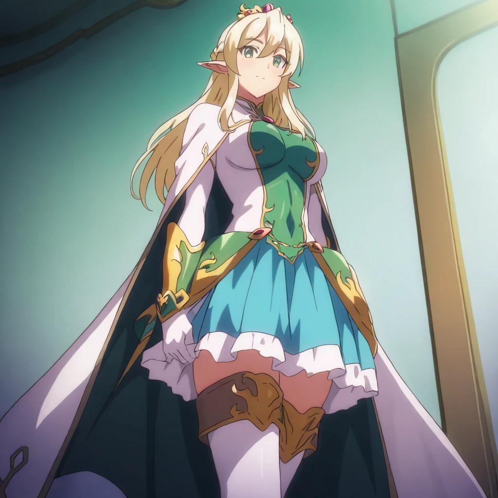 solo,masterpiece,high score,great score,absurdres,anime coloring,looking at viewer,from below,<lora:AlmiaAgraliel ag4o:1> almiaagraliel, blonde hair, braid, pointy ears, green eyes,tiara,cape,thighhighs,