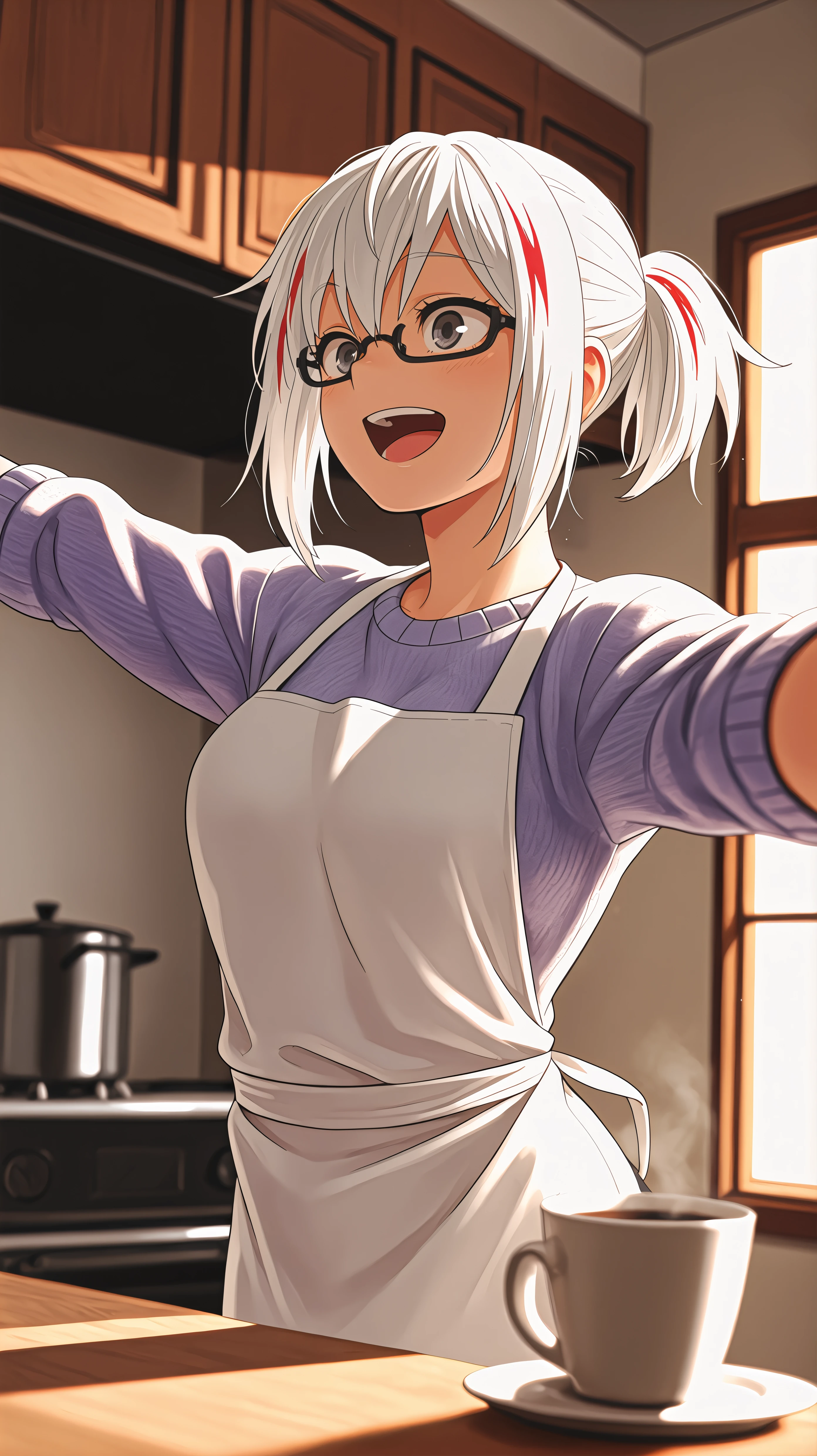 masterpiece, best quality, amazing quality, girl, depth of field, blurry foreground, outstretched arms, <lora:Fuyumi Todoroki - Illu:0.9>, white hair, streaked hair, red streaks, multicolored hair, black glasses, grey eyes, short ponytail, purple sweater, apron, kitchen, morning lighting, early morning, coffee, happy, white apron, soft lighting, window,