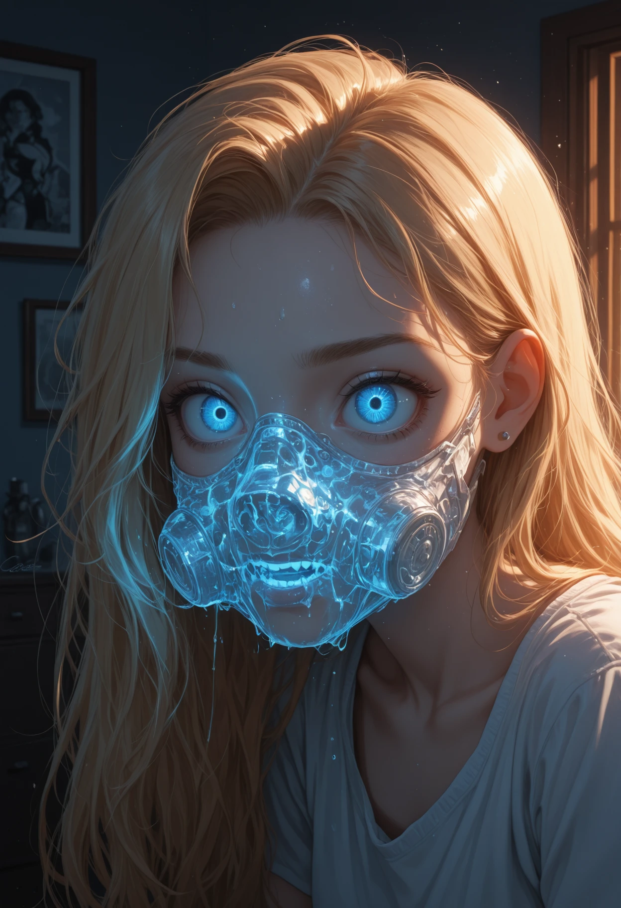 masterpiece, best quality,Young woman, split face, white side, cracked ice, ethereal appearance, blue eye, fiery orange glow, blonde hair, beautiful face, stark contrast, otherworldly, ghostly texture, cold and fiery, dramatic lighting, striking features, psycho, crazy, crazy mind,, (designed by Mickalene Thomas:1.3) and (Igor Morski:1.0) , environmental portrait of, Boring Scaly (Bulldog:1.3) , lush indoors, at Blue hour, horizon-centered, Screen print, Tranquil, Doodle Art style, dramatic lighting, Low shutter, Hypersaturated, award winning, highly detailed, 35mm lens, f/4, natural surroundings, zen, drab