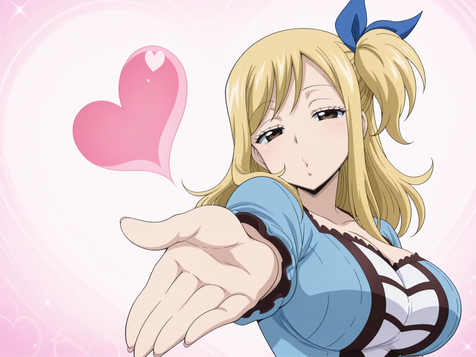 masterpiece, best quality, amazing quality,, <lora:lucy-heartfilia-s1s3s7-illustriousxl-lora-nochekaiser:1>, lucy heartfilia, one side up, ribbon, hair ribbon, blue ribbon, blonde hair, brown eyes, long hair, mature female, large breasts, anime screencap, <lora:suzuka-dairenjis-blowing-kiss-illustriousxl-lora-nochekaiser:1>, suzuka dairenji's blowing kiss, solo, heart, outstretched hand, blowing kiss, foreshortening, half-closed eyes, looking at viewer,, , ,