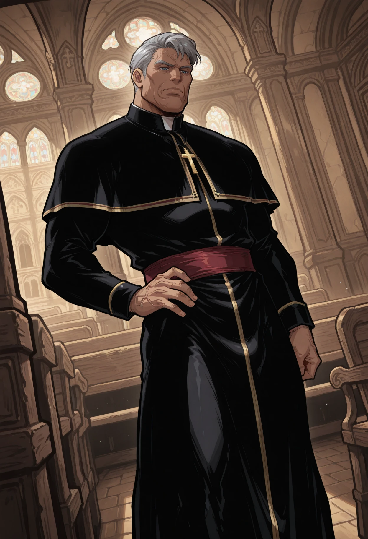 Solo, 1 male, ultradetailed, masterwork, masterpiece, best quality, complex lighting, dutch angle, movement, detailed face, detailed body, perfect hands,
FatberMarcus, priest, Mature male, dad, Older men, Gray hair, blue eyes, wrinkles, veins, No beard,Cross necklace, Black priest robe, <lora:Fatber_Marcus__Phausto:0.8>,
standing, hand on hip,
k0n0hanaya, <lora:-Konohanaya-000017:0.2>, superiorcarnagecomicseriesstyleil, western comics (style), <lora:[Marvel Comics (Stephen Segovia Et al)] Superior Carnage Issues 1 to 5 Comic Style Illustrious:0.4>,
<lora:add-detail-xl:1>,
Church background, interior, multicolored background,