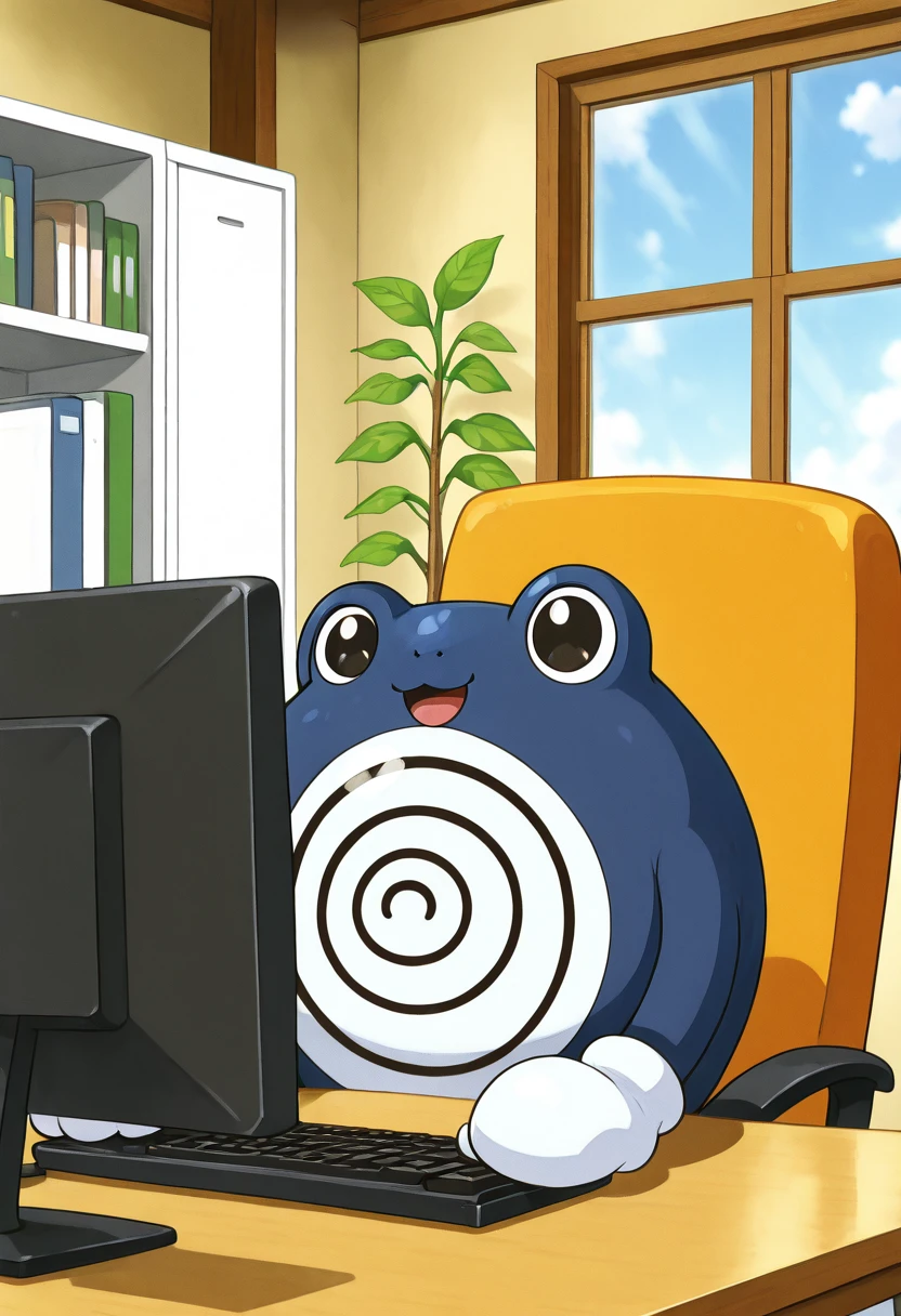 masterpiece, best quality, solo, zzPoliwhirl, , <lora:PoliwhirlPokedex_IXL:1.0>, ,smile, open mouth, upper body, :3, window, chair, facing viewer, desk, computer, monitor, on chair, keyboard (computer), office , <lora:CitronLegacy_IXL:1.0>,