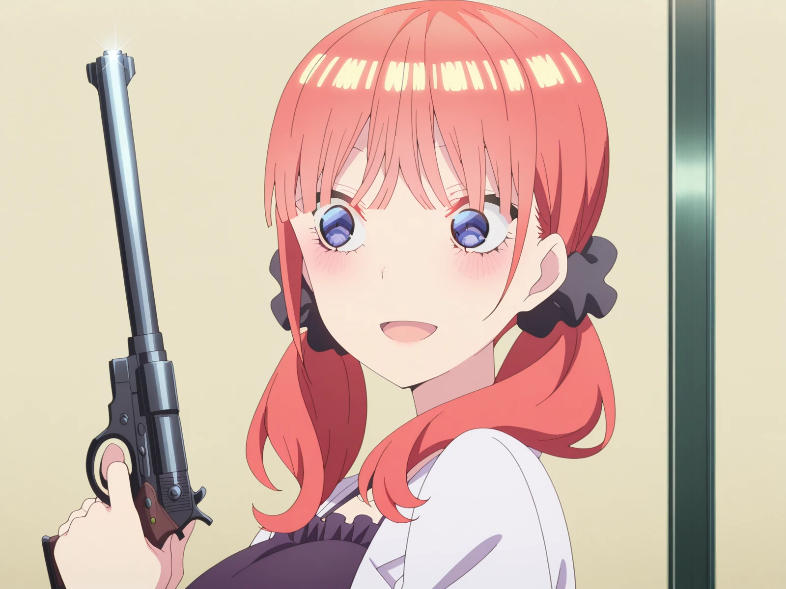 masterpiece, best quality, amazing quality,, <lora:nino-nakano-honeymoon-illustriousxl-lora-nochekaiser:1>, nino nakano, bangs, blue eyes, hair ornament, twintails, pink hair, blunt bangs, medium hair, scrunchie, eyebrows hidden by hair, black scrunchie, mature female, large breasts, anime screencap, <lora:lums-cell-duplicator-gun-illustriousxl-lora-nochekaiser:1>, solo, smile, open mouth, holding, upper body, weapon, holding weapon, gun, holding gun, handgun, looking to the side,, , ,