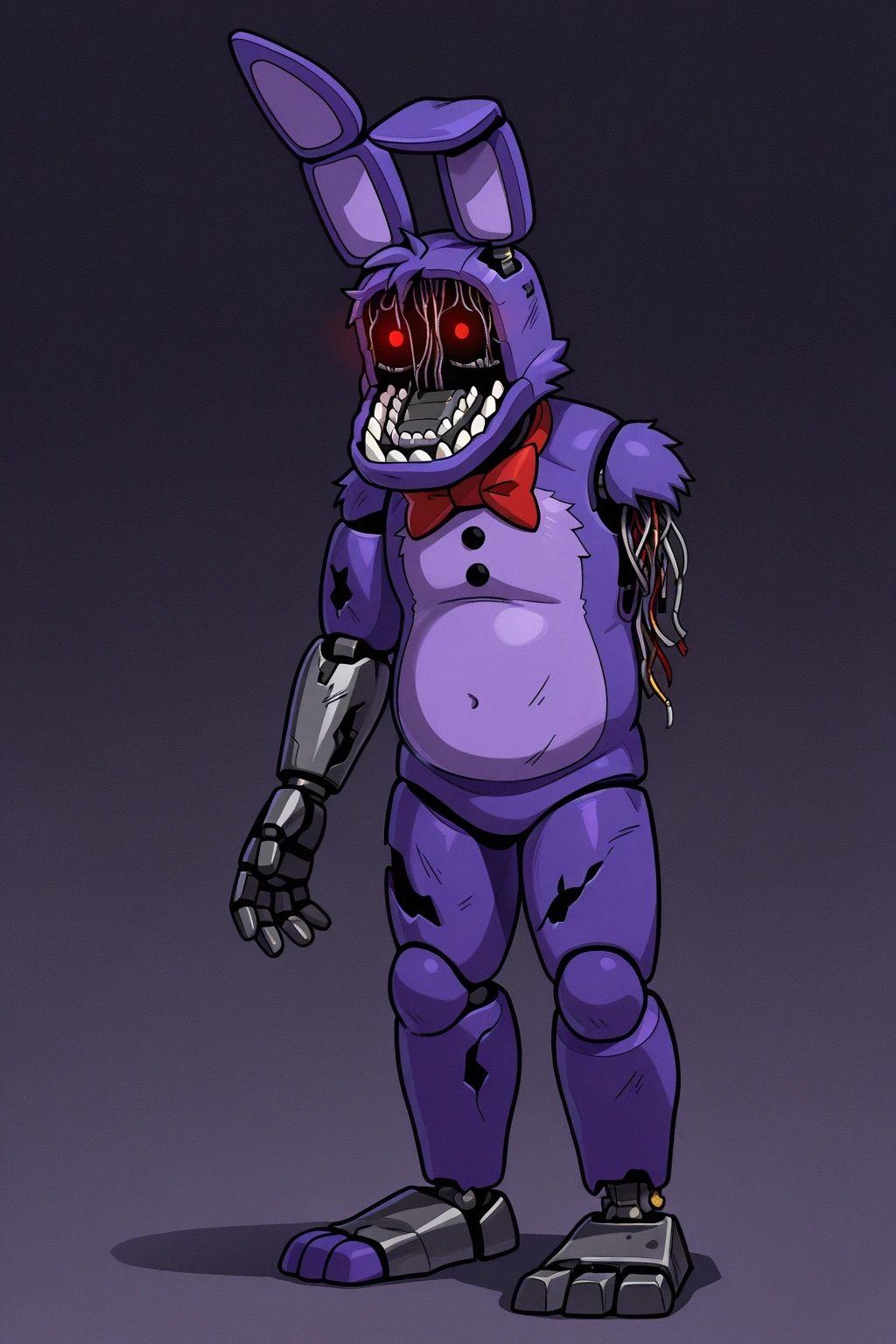 WitheredBonnieFNAF2, 1boy, heavily damaged, purple fur, animatronic rabbit, missing face, red glowing eyes, jagged teeth, expose wiring, red bow tie, two black chest buttons, scuffed, ripped, misaligned rabbit ears, hollow face, red eyes, metal right hand, metal left foot, amputated arm, withering, solo, full body,