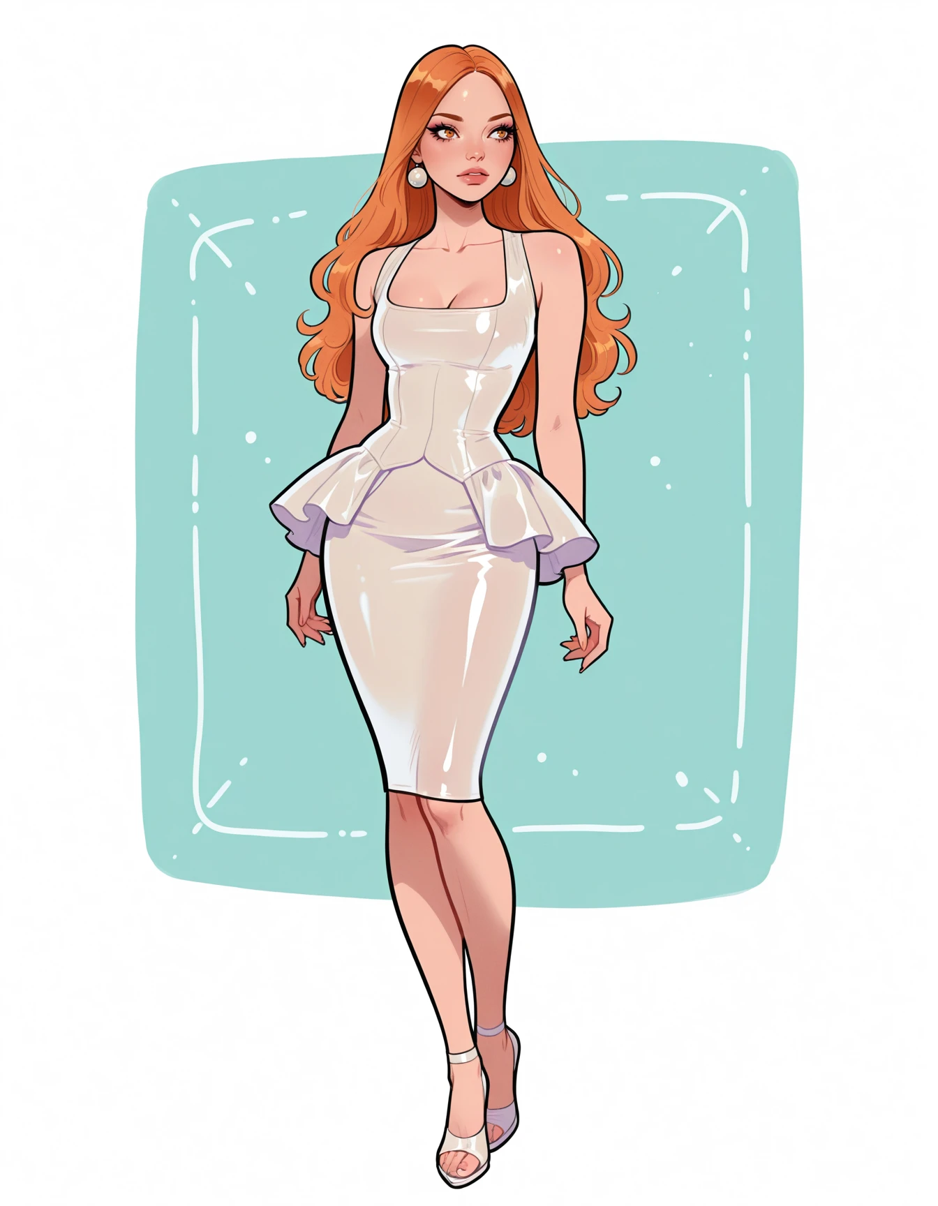 h0lly, 1girl, solo, long hair, orange hair, hazel eyes, eyelashes,  <lora:Char_fernando-HollyRoyce-ILXL:0.8>  <lora:Style_ecstatic-Wonderkind-ILXL:1> CW-Illu <lora:Outfit_soph-PersephoneWiggleMatrix-ILXL:0.8> white dress, latex, shiny latex, minioverskirt peplum, collarbone, hobble skirt, ankles, sleeveless, square neckline, parted hair,  makeup, lips, nose, straight hair, sleek hair, very long hair masterpiece, best quality, very aesthetic, newest