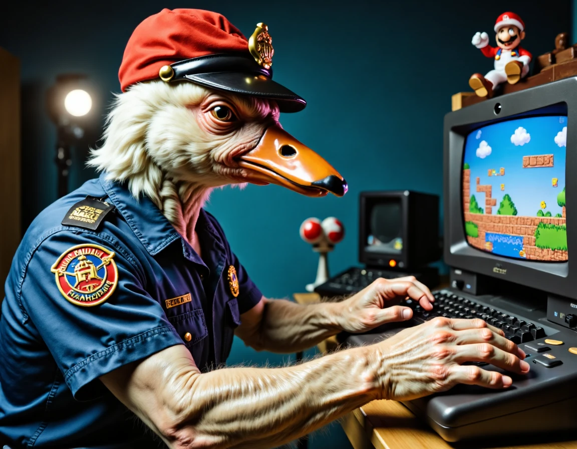 photo, image of a hybrid anthropomorphic goose cop playing Super Mario Brothers for the original Nes. , analog, Kodachrome