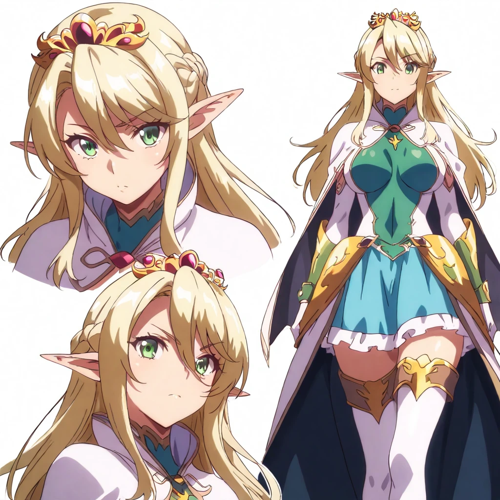 solo,masterpiece,high score,great score,absurdres,anime coloring,looking at viewer,<lora:character_Sheet_XL:0.5> character sheet, multiple views, white background,<lora:AlmiaAgraliel ag4o:1> almiaagraliel, blonde hair, braid, pointy ears, green eyes,tiara,cape,thighhighs,