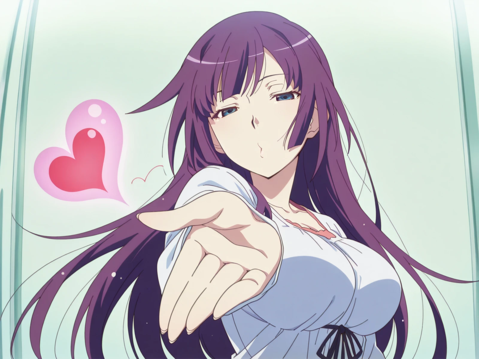 masterpiece, best quality, amazing quality,, <lora:hitagi-senjougahara-anime-illustriousxl-lora-nochekaiser:1>, hitagi senjougahara, bangs, long hair, blue eyes, purple hair, large breasts, anime screencap, <lora:suzuka-dairenjis-blowing-kiss-illustriousxl-lora-nochekaiser:1>, suzuka dairenji's blowing kiss, solo, heart, outstretched hand, blowing kiss, foreshortening, half-closed eyes, looking at viewer,, , ,