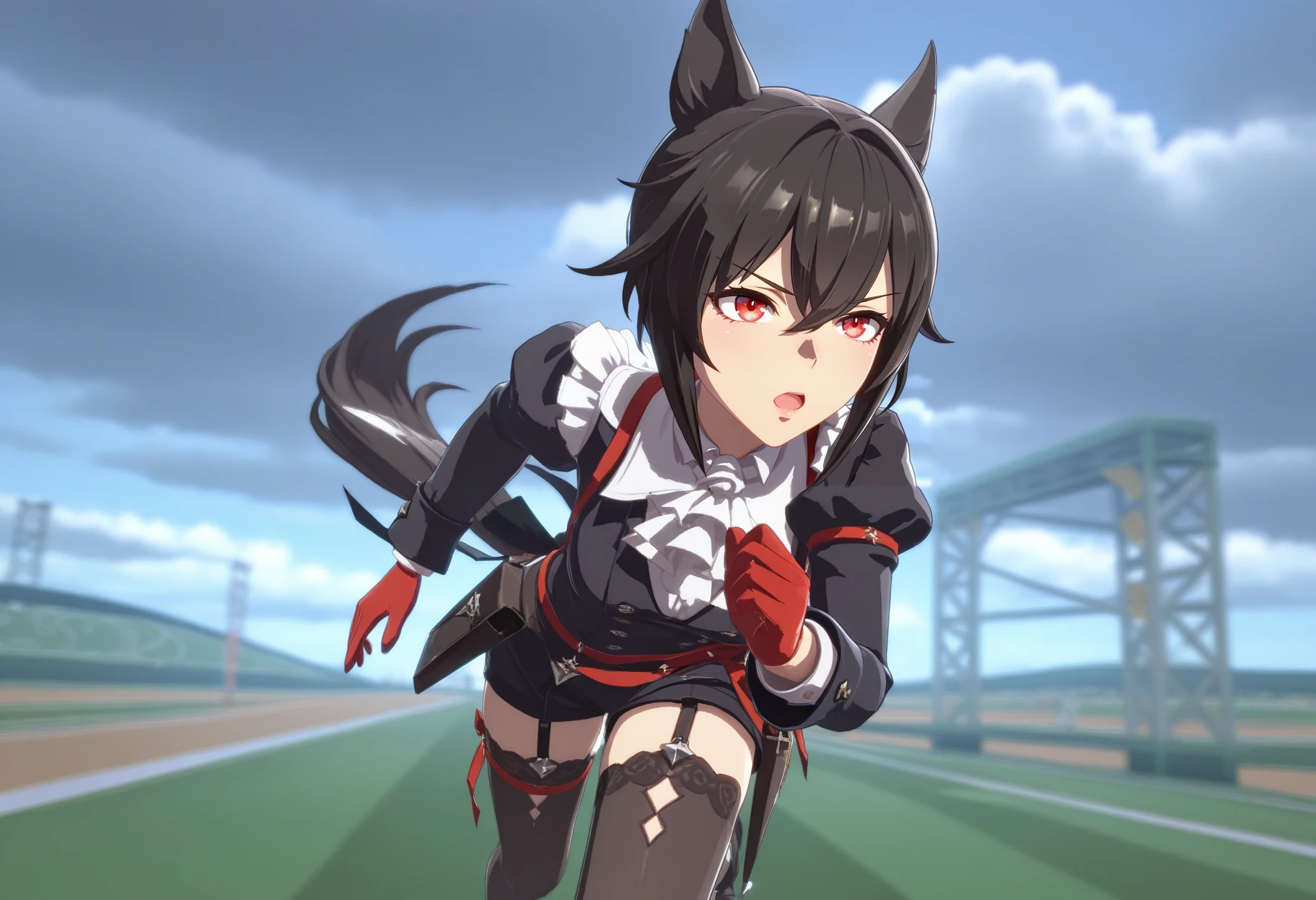 1girl, solo, blurry background,
ente1ech1a, red eyes, gloves, red gloves, black hair, outdoors, field track, medium breasts, sunny, cloudy, thighhighs,
ribbon around left ear, ummsmingame, 3d, horse ears,
white ascot, ascot, long sleeves, shirt, shorts, frills, black jacket, puffy sleeves, bow, thighhighs, (running:1.5), horse tail, serious, wide shot, foreshortening, determined, open mouth,
<lora:entelechialora_1:1> <lora:Umamusume_in_game_style_3D_ILL-v2:1>