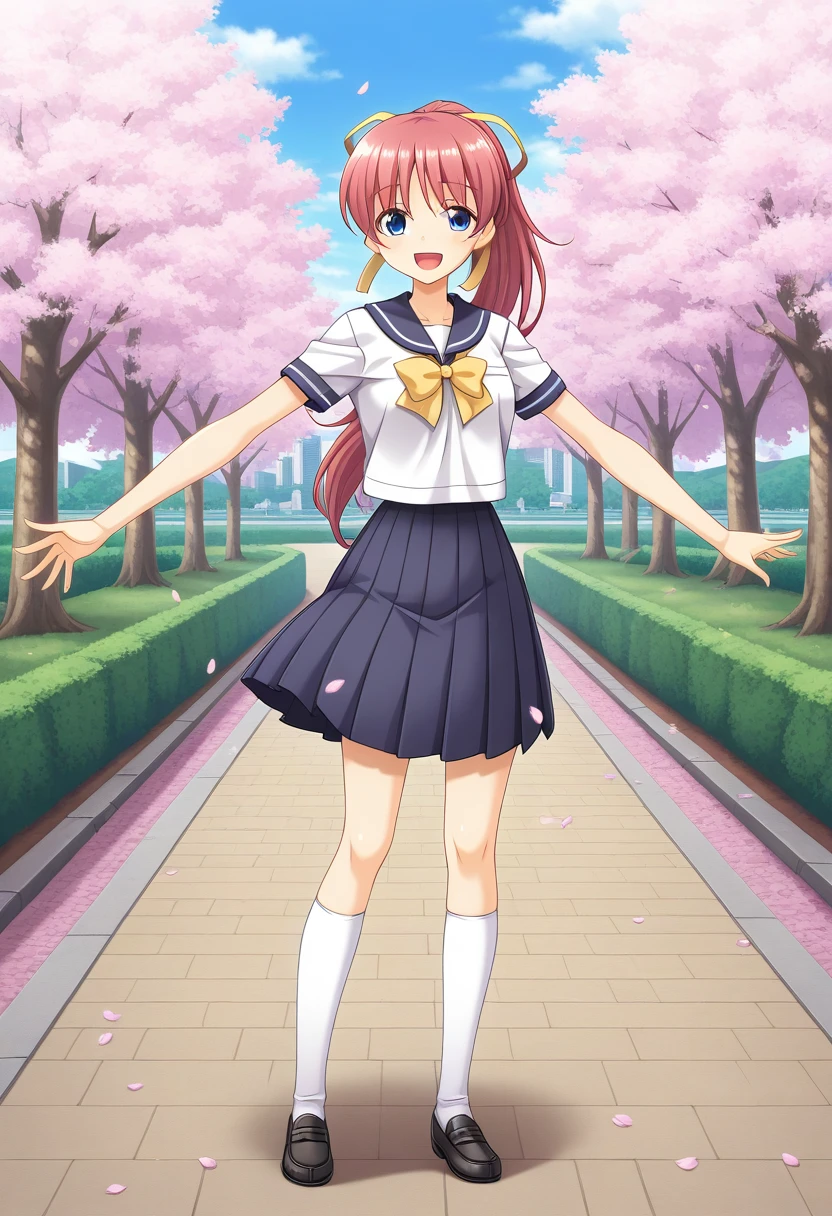1girl, solo, ingokuayatabane, pink hair, very long hair, ponytail, hair ribbon, yellow ribbon, blue eyes, shirt, short sleeves, sailor collar, neck bow, pleated skirt, white kneehighs, black loafers, school uniform, outdoors, city, path, cherry blossom, petals, spread arms, standing, full body, open mouth, smile,