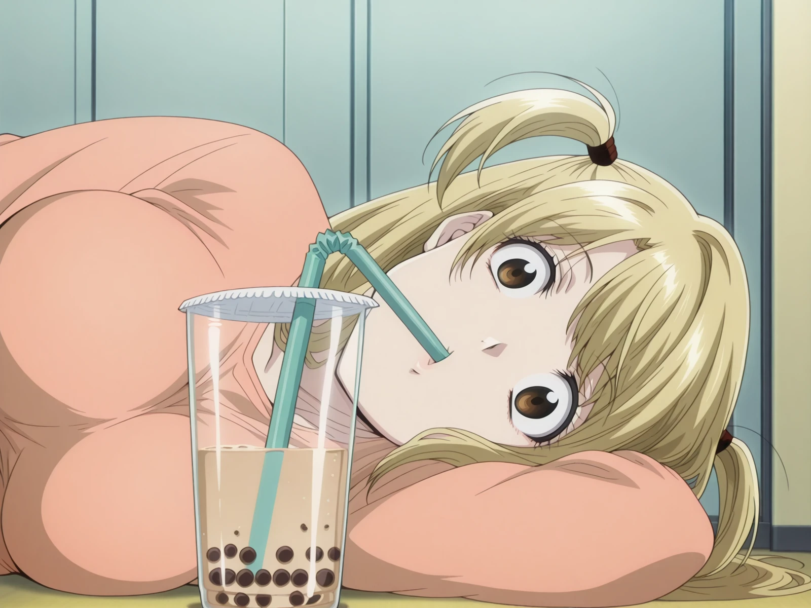 masterpiece, best quality, amazing quality,, <lora:misa-amane-anime-illustriousxl-lora-nochekaiser:1>, misa amane, long hair, blonde hair, brown eyes, two side up, mature female, medium breasts, anime screencap,, <lora:airashiratori-drinking-milk-tea-illustriousxl-lora-nochekaiser:1>, airashiratori drinking milk tea, solo, looking at viewer, upper body, black eyes, cup, meme, drinking straw, drinking, bubble tea, on side, on floor,, , ,