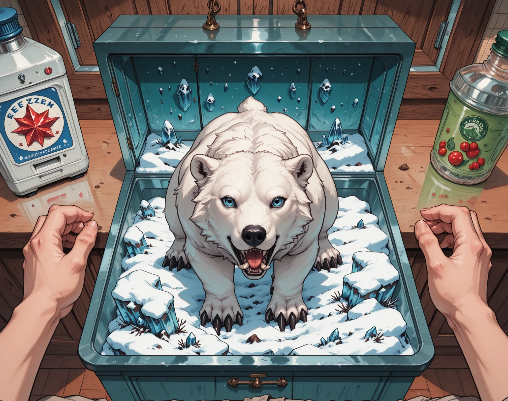 masterpiece, high_quality, highres, sharp_focus, detailed_eyes, retro, surealistic,
(eye level, pov), the interior of a retro refrigerator in kitchen that needs defrosting contains a miniature isometric,scenery,sprawling arctic landscape in the freezercomplete with eskimos, igloos, polar bears, ice cliffs, snow drifts and northern lights alongside a normal size bag of frozen peas for reference. shown from the perspective of someone holding the freezer door open. <lora:tenkichi_illustriousXL:1> <lora:StS-Illustrious-Detail-Slider-v1.0:2>,<lora:lightingSlider:1> , <lora:Midjourney_Image_Enhancer_ILL:0.8>,