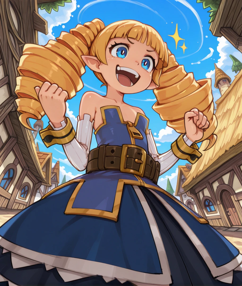 arherxl, blonde hair, twin drill hair, blue eyes,
detached sleeves, strapless dress, zipper, belt, skirt, from below, laughing, sparkle, clenched hands, dancing,
solo,
outdoors, village,
(insanely detailed, masterpiece, best quality,), <lora:Archerxl:1>,