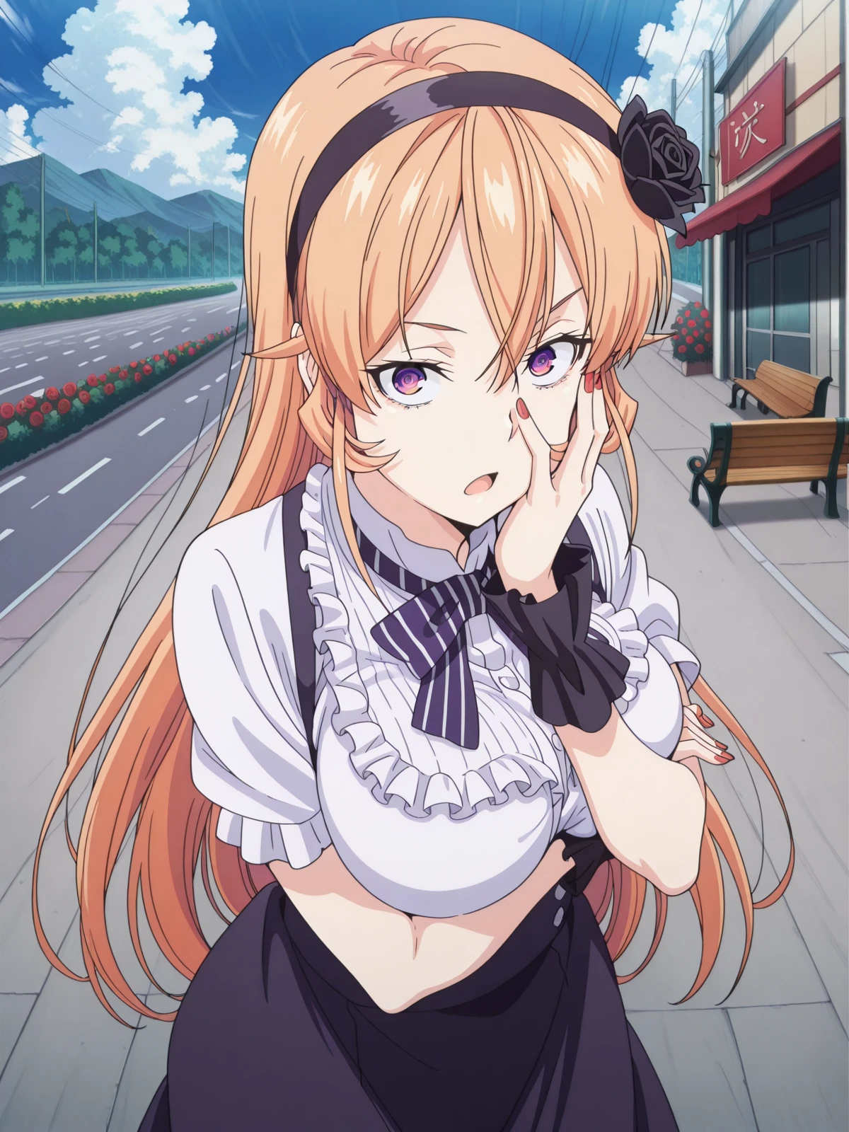 masterpiece, best quality, amazing quality,, <lora:erina-nakiri-s1-illustriousxl-lora-nochekaiser:1>, erina nakiri, long hair, orange hair, purple eyes, hair between eyes, mature female, large breasts, anime screencap, <lora:dagashi-kashi-s1-key-visual-illustriousxl-lora-nochekaiser:1>, dagashi kashi, solo, looking at viewer, open mouth, skirt, hair ornament, bow, flower, short sleeves, outdoors, frills, hairband, sky, day, cloud, bowtie, hair flower, nail polish, wrist cuffs, rose, suspenders, red nails, hand on own face, high-waist skirt, breast hold, hand on own cheek, suspender skirt, ringed eyes, road, bench, black flower, sidewalk,, , ,