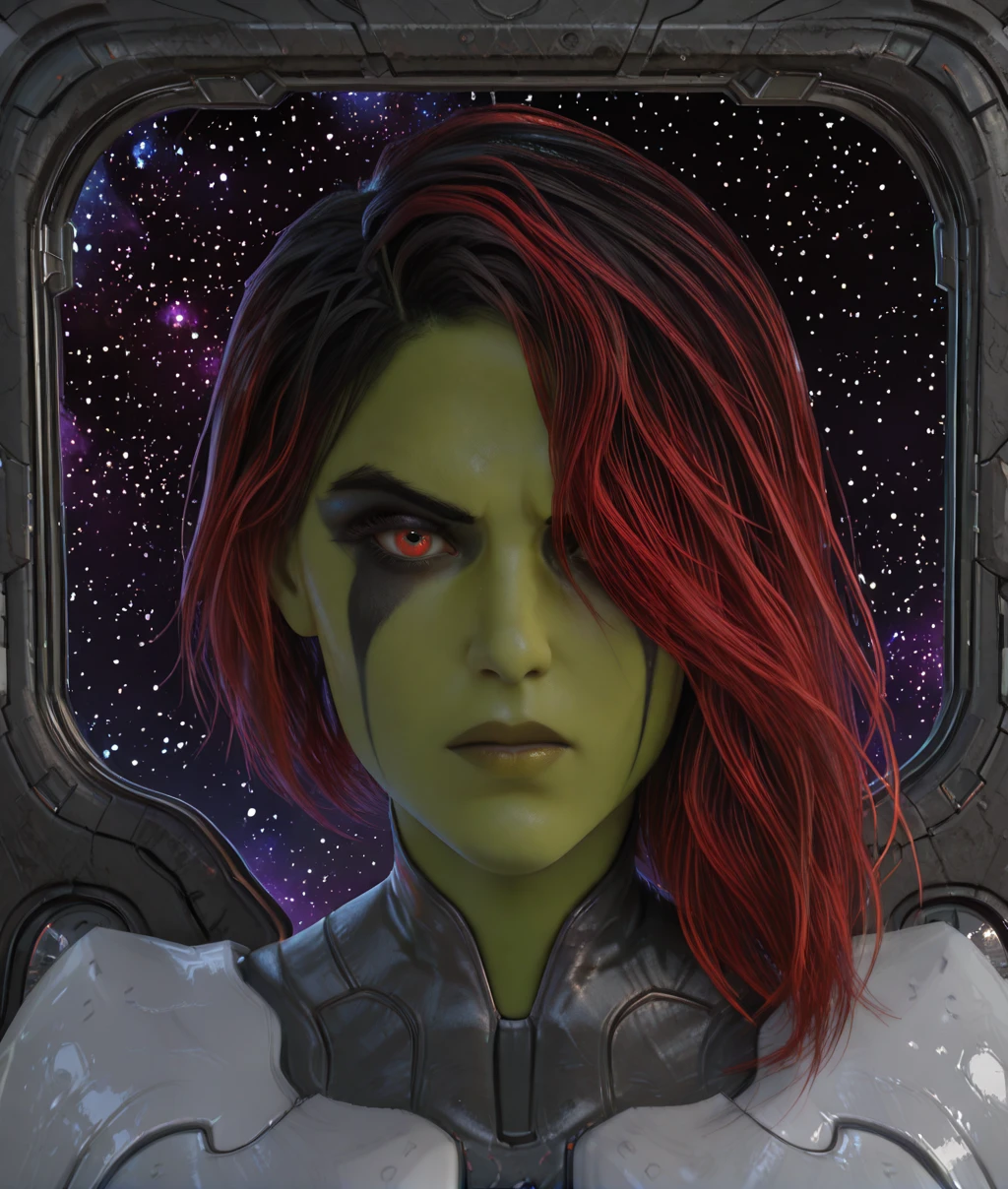 GamraXL, multicolored hair, red eyes, hair over one eye, makeup,
black and white bodysuit, armor, looking at viewer,
upper body, close up, determined,
science fiction, night,
looking at viewer, outdoors, stars,
(insanely detailed, masterpiece, best quality), <lora:GamoraXL-12v1-ILL:1>,