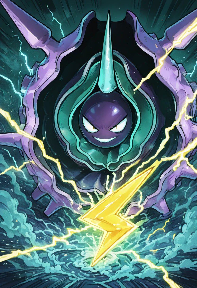 masterpiece, best quality, solo, zzCloyster, , <lora:CloysterPokedex_IXL:1.0>, ,solo, foreshortening, bzzb4tt3ryCitron, lightning, <lora:BuzzBatteryIXL:1.0>,