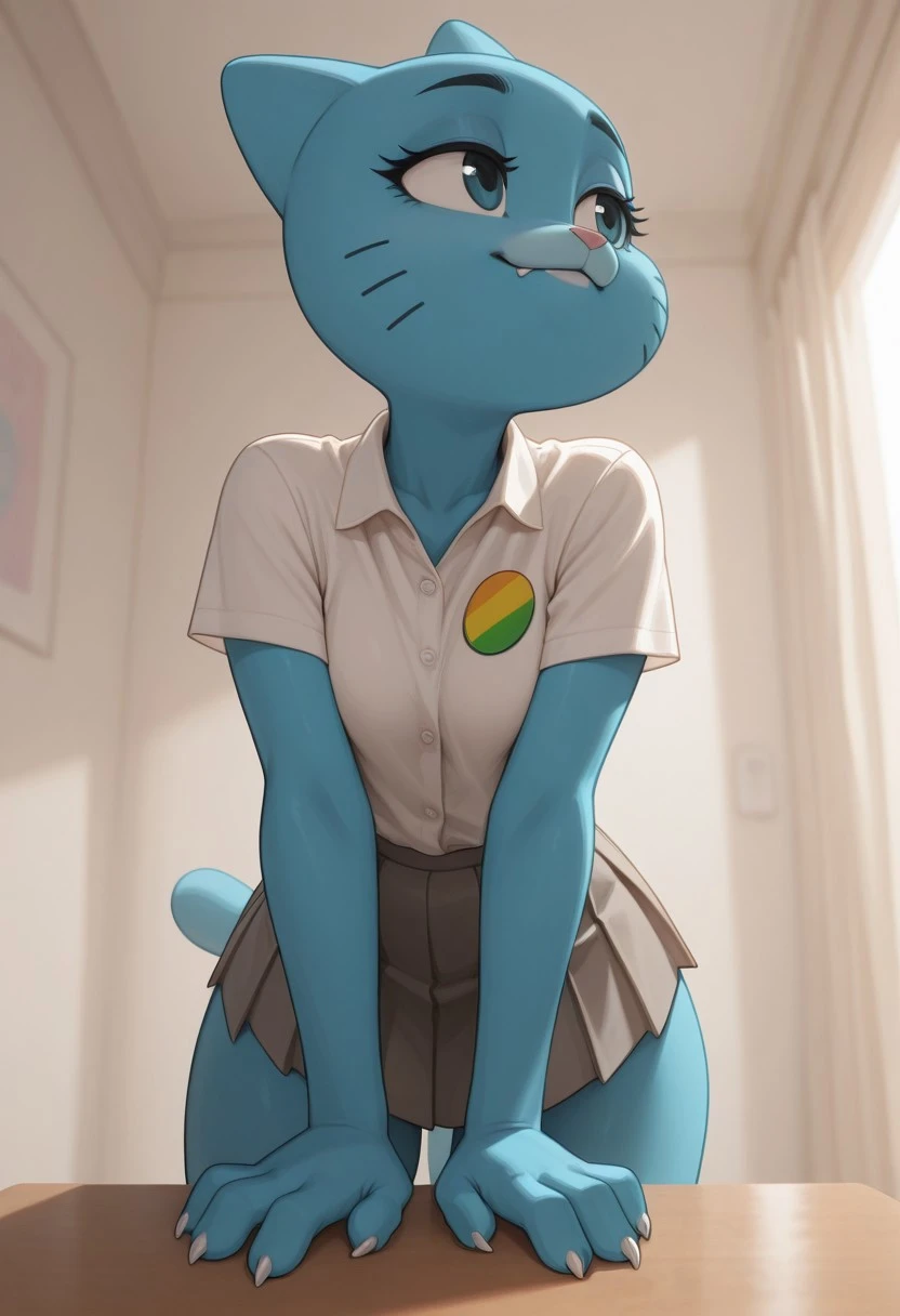 masterpiece, best quality, newest, absurdres, highres, 1girl, solo, furry, anthro, nicolewatersonILL, tail, blue body, white shirt, pleated skirt, paws, claws,