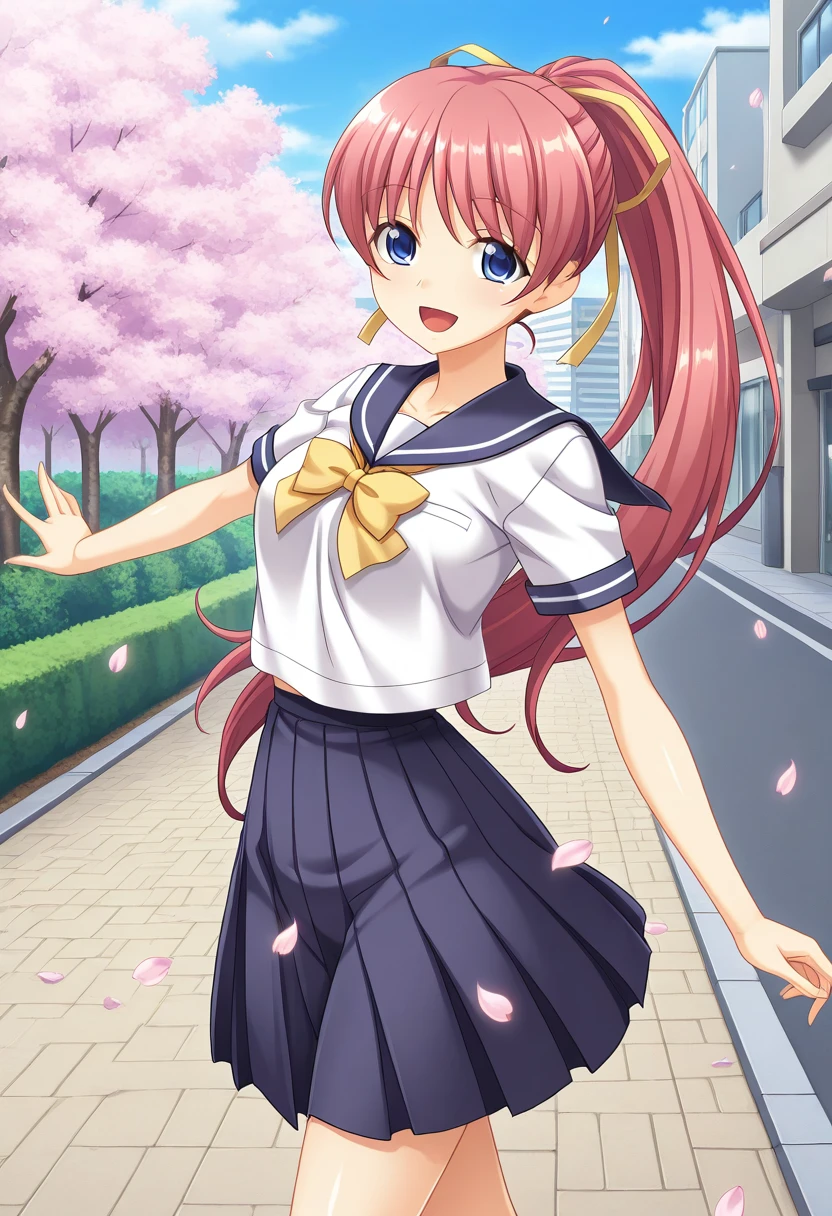 1girl, solo, ingokuayatabane, pink hair, very long hair, ponytail, hair ribbon, yellow ribbon, blue eyes, shirt, short sleeves, sailor collar, neck bow, pleated skirt, school uniform, outdoors, city, path, cherry blossom, petals, spread arms, standing, cowboy shot, open mouth, smile,