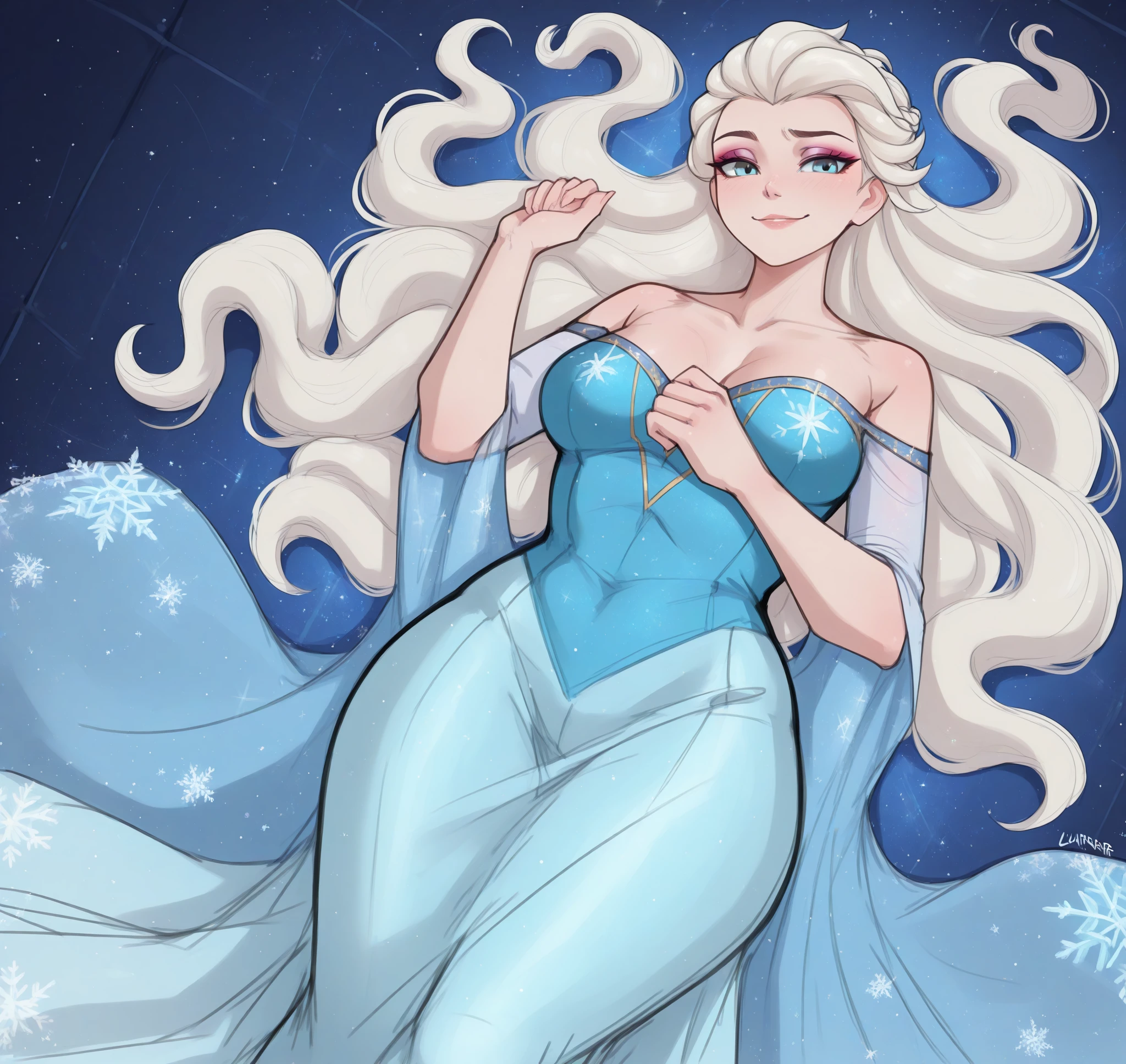 <lora:Lvlirror_Style_Illustrious:0.8> lvlirror, masterpiece, best quality, absurd res, hi res, 1girl, long hair, solo, , dress, blue eyes, white hair, wide , , very long hair, makeup, queen elsa \(frozen\), frozen \(movie\), braid, under a starry sky, clothed, detailed background, lying on , sketch, solo, solo focus, relieved, exhale, relaxed shoulders, slight smile, extreme high angle, from above, indoor