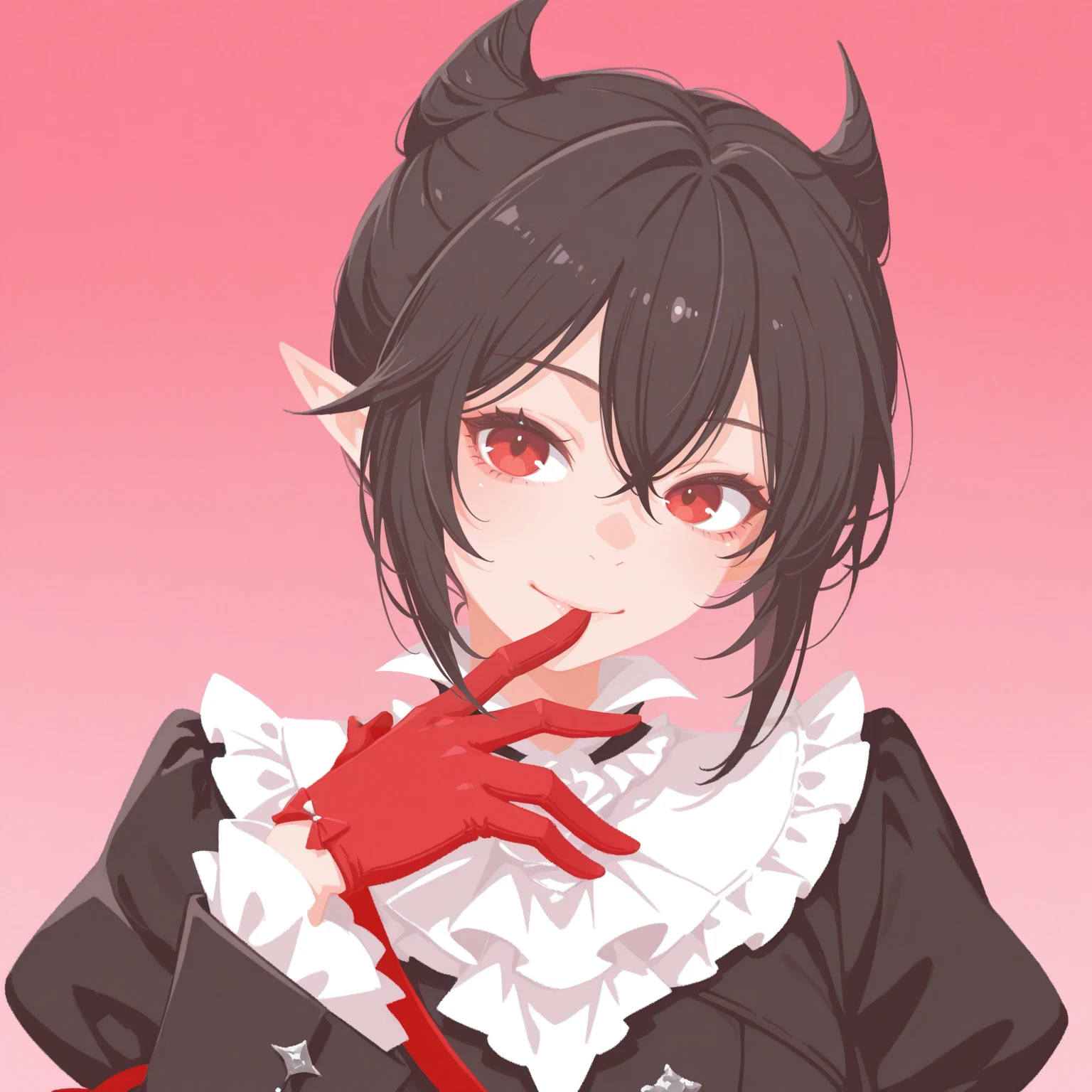 1girl, solo, blurry background,
ente1ech1a, red eyes, white ascot, pointy ears, ascot, gloves, red gloves, long sleeves, black hair,  shirt, frills,  black jacket, puffy sleeves, bow, portrait, gradient background, pink background,
flat color, no lineart, blending, negative space, upper body, forced_smile, finger_in_own_mouth
<lora:entelechialora_1:1>  <lora:illustrious_flat_color_v2:1>